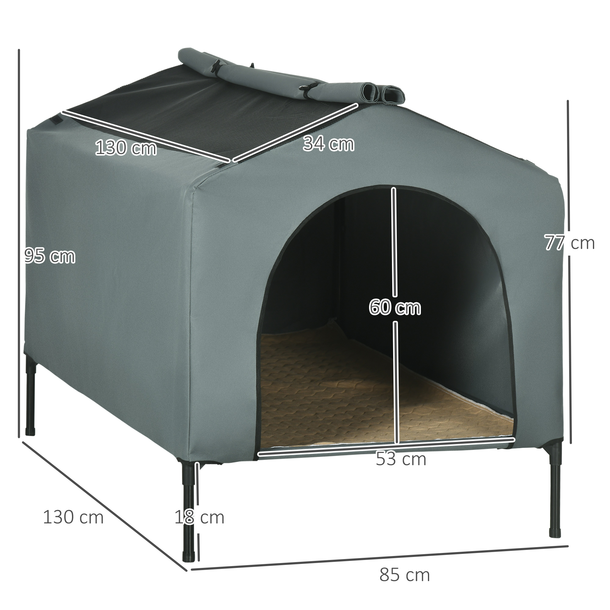 Caseta gris para perros con dimensiones etiquetadas. Tiene techo y entrada abierta. Incluye cama.