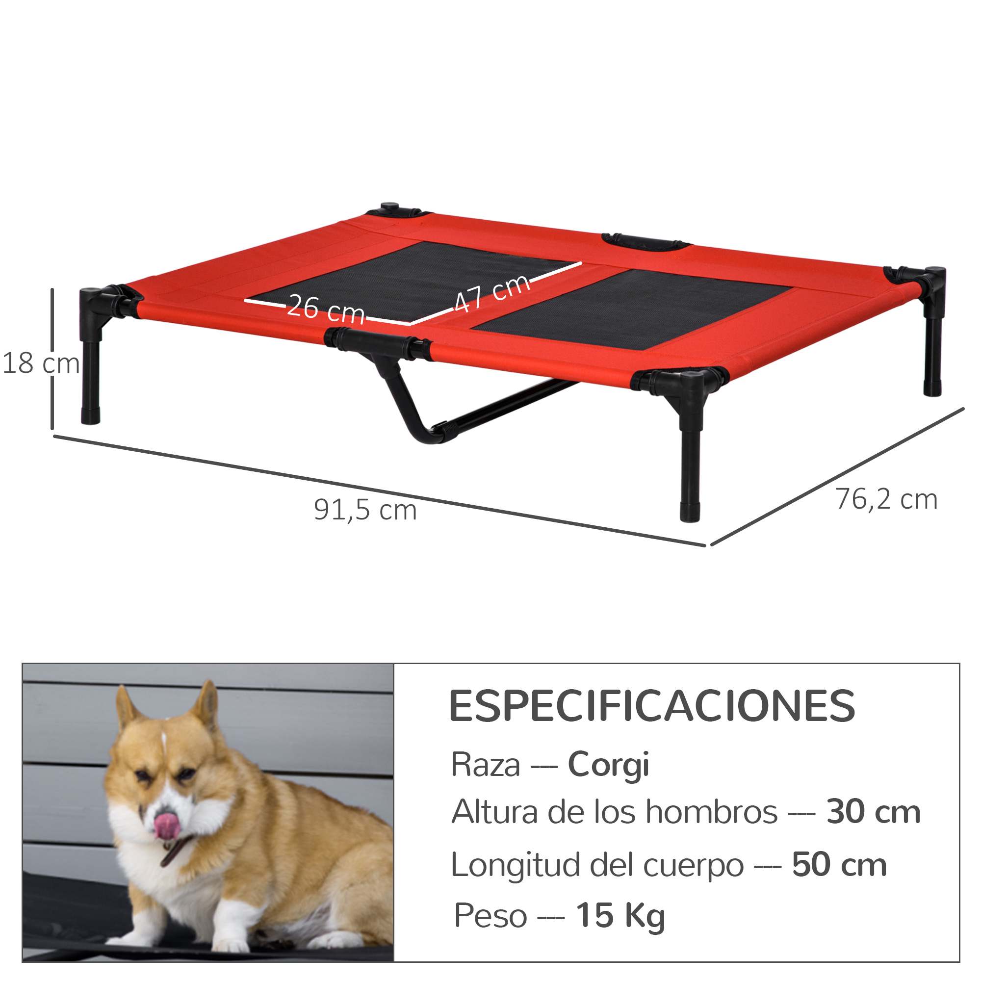 Perro Corgi sentado en cama elevada roja con dimensiones y especificaciones.