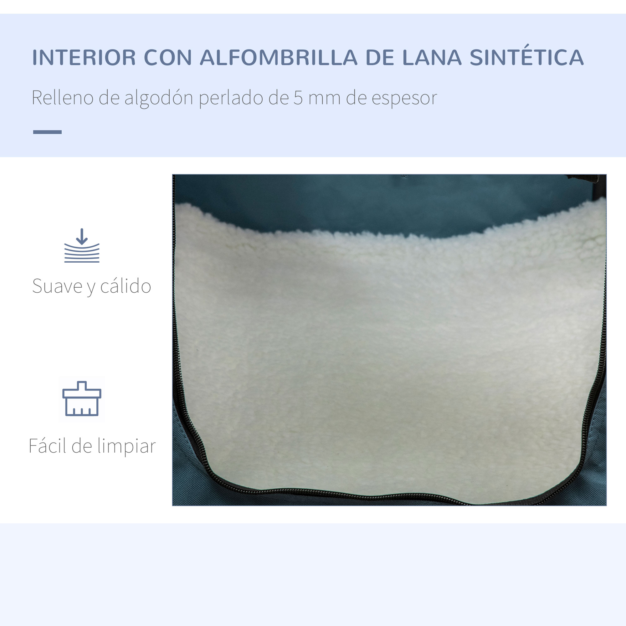 Primer plano del interior suave y blanco de una cama para mascotas, con cremallera. Visible el texto Fácil de limpiar.