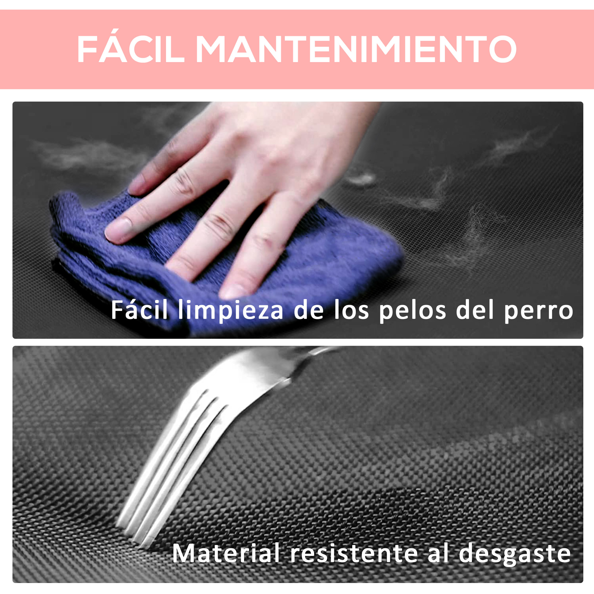 Una persona limpiando el pelo de mascotas de una superficie y un tenedor probando la durabilidad de la superficie.