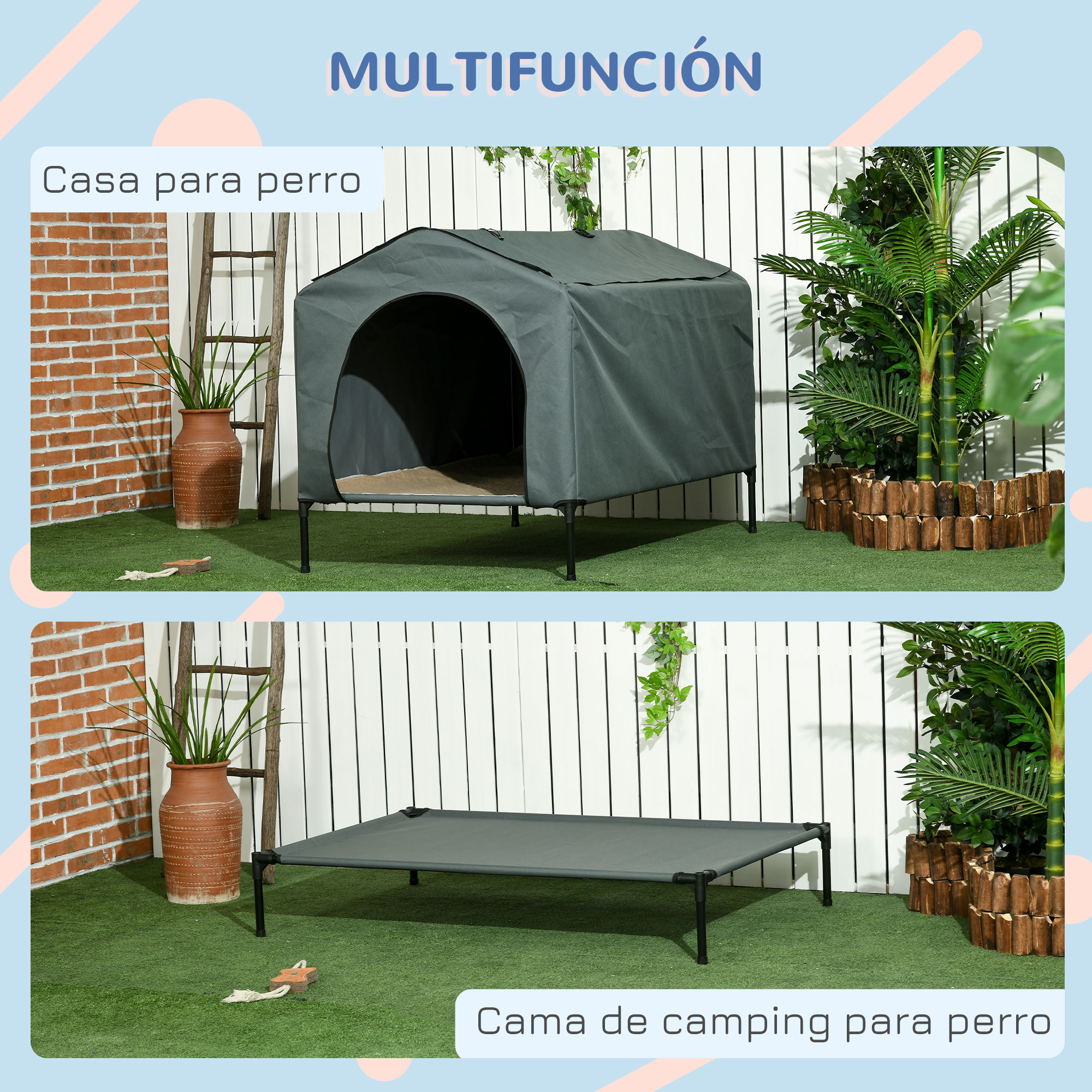 Dos imágenes que muestran una caseta para perros y una cama de camping para perros, ambas en gris, sobre una superficie de hierba.