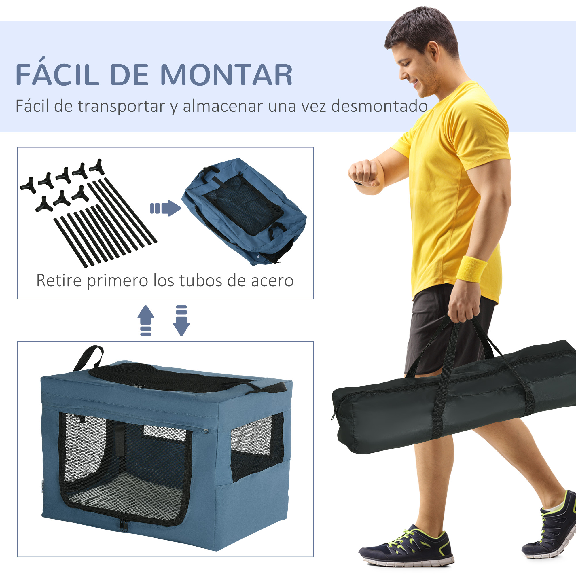 Un hombre con camisa amarilla lleva un transportín azul para mascotas. Muestra piezas y un transportín embalado.