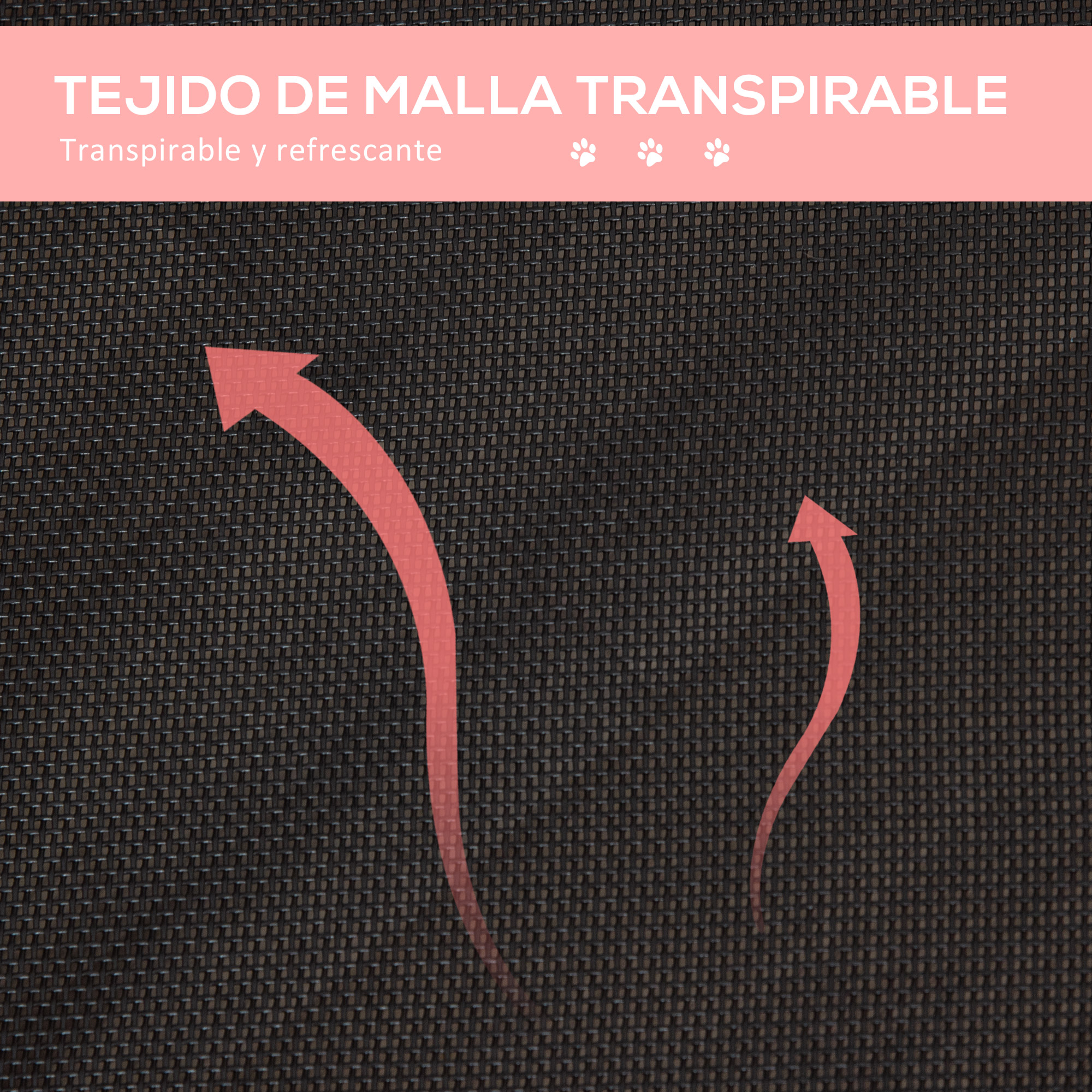 Primer plano de una tela de malla negra con dos flechas rojas. La tela es transpirable y las flechas indican el flujo de aire.