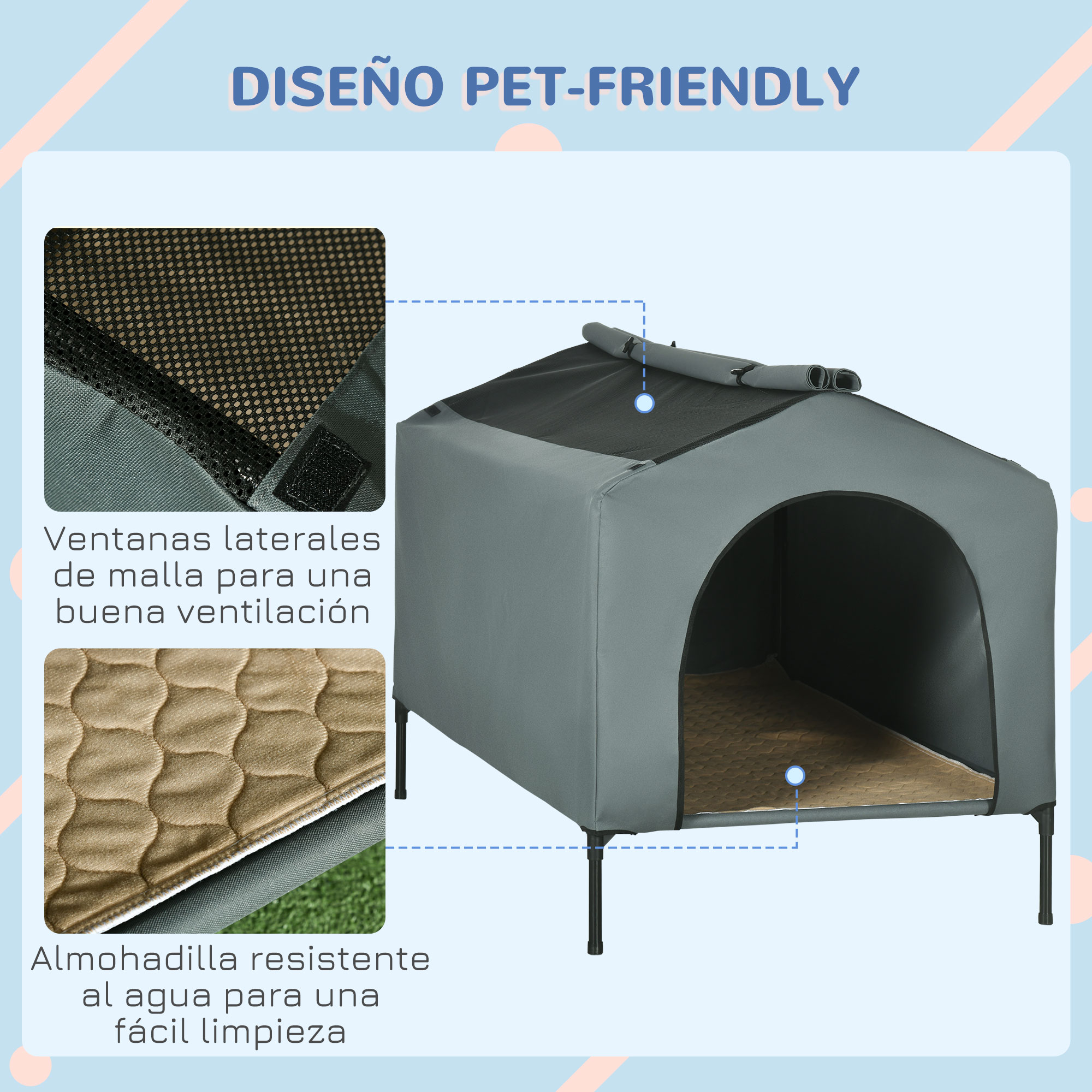 Una casa gris para mascotas con ventanas laterales de malla, cojín impermeable y patas negras.