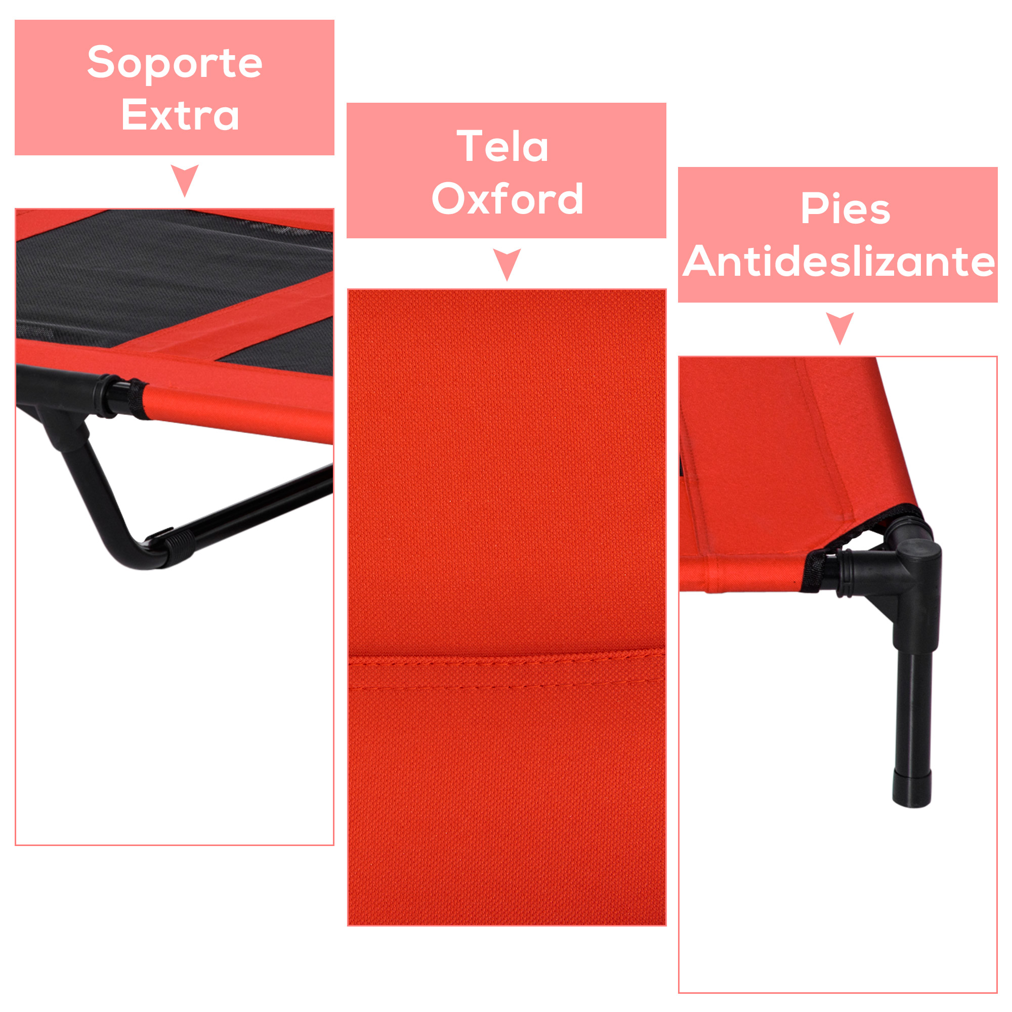 Primer plano de una cama para mascotas con tela roja y marco negro. Se muestra tela Oxford y pies antideslizantes.