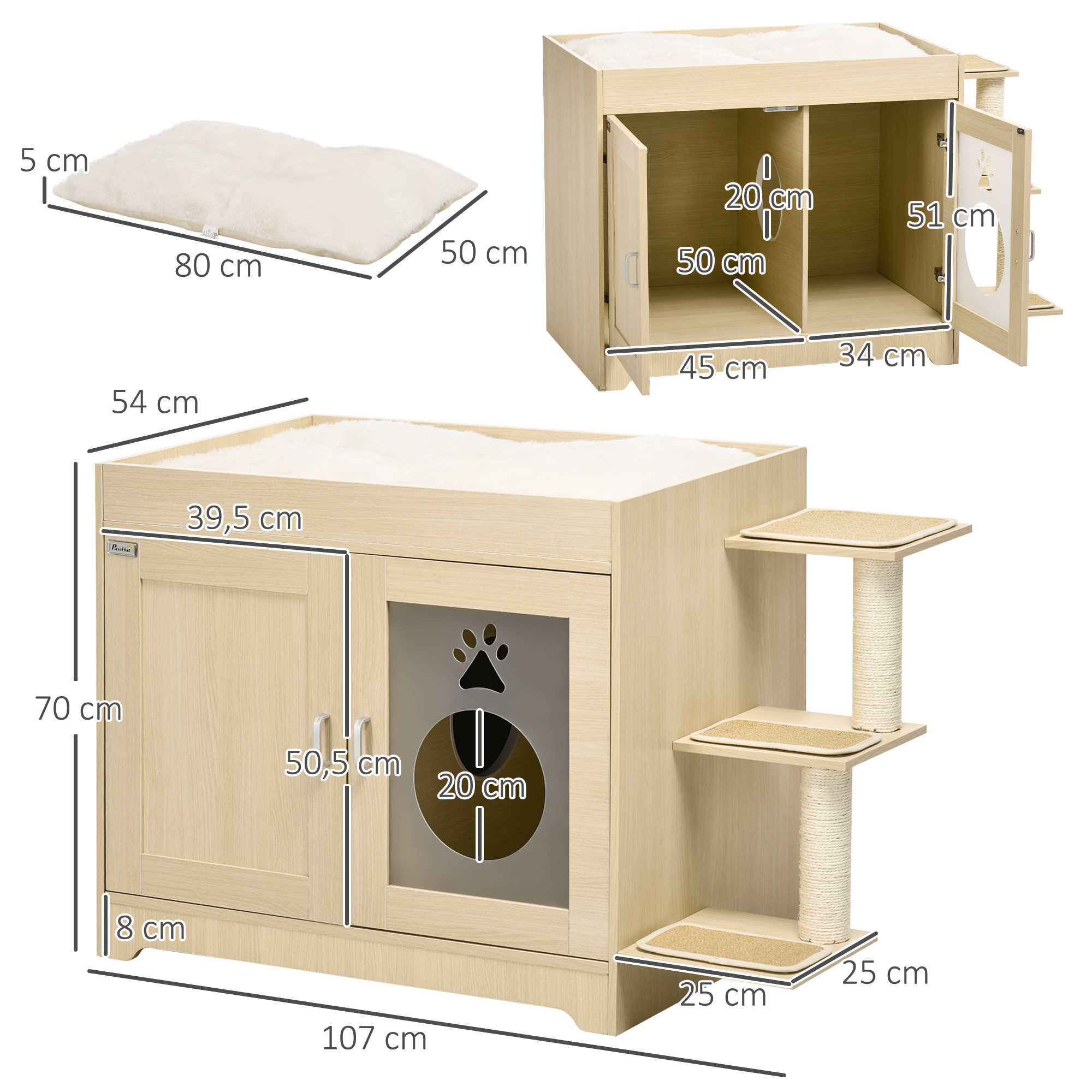 Casa para gatos beige con dimensiones, una cama para gatos y un rascador. La casa tiene una abertura con una huella.