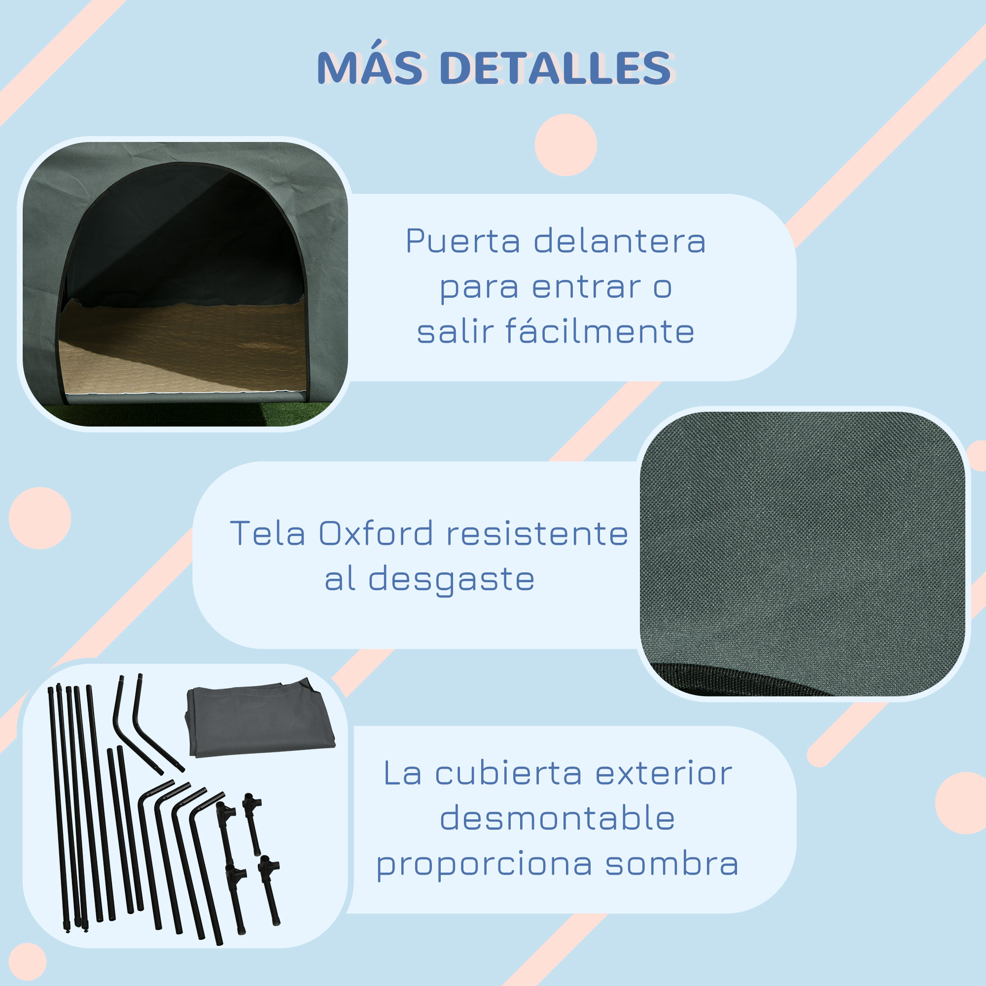 Detalles sobre una tienda de campaña para mascotas gris, incluyendo la puerta delantera, tela Oxford y cubierta exterior.