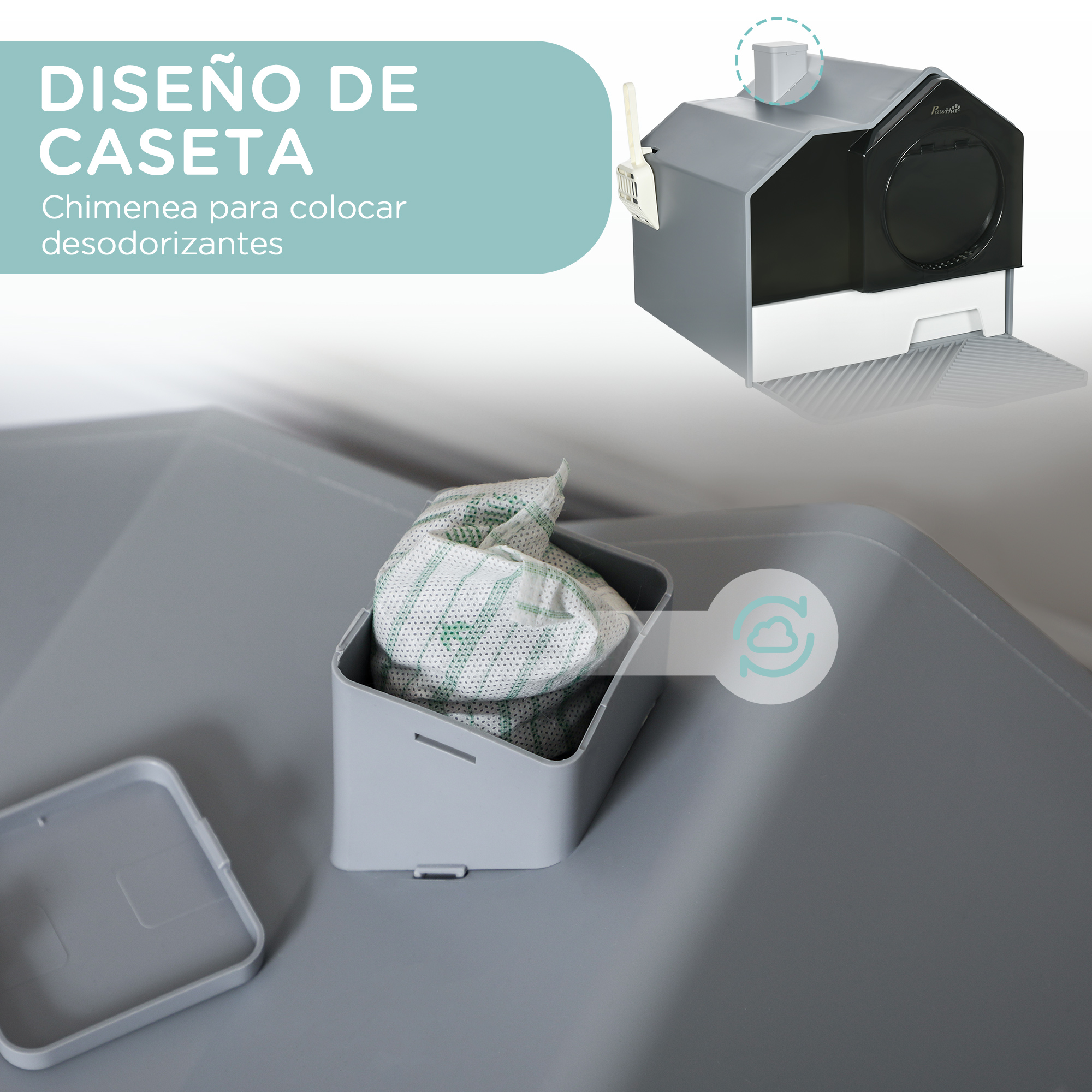 Una caja de arena gris para gatos con chimenea para controlar el olor.
