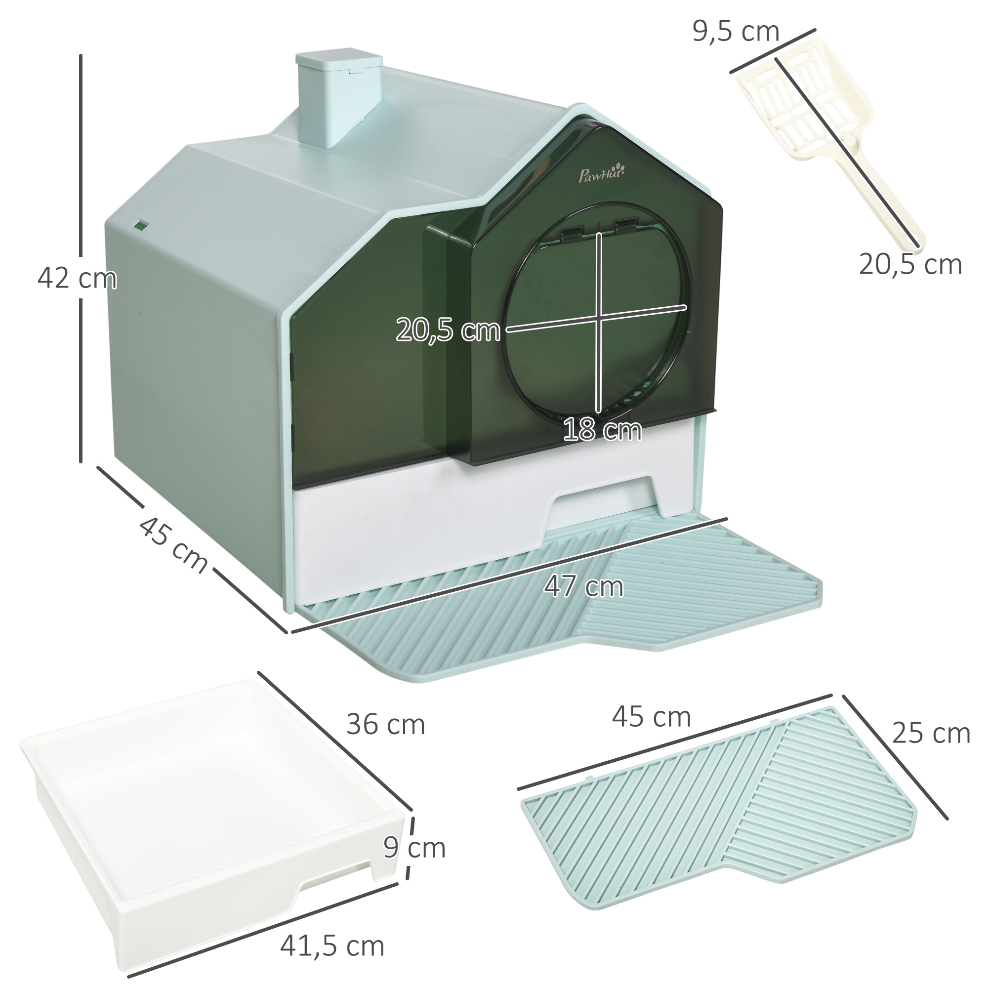 Una caja de arena para gatos con accesorios: pala, bandeja y alfombra. La caja es azul y blanca.