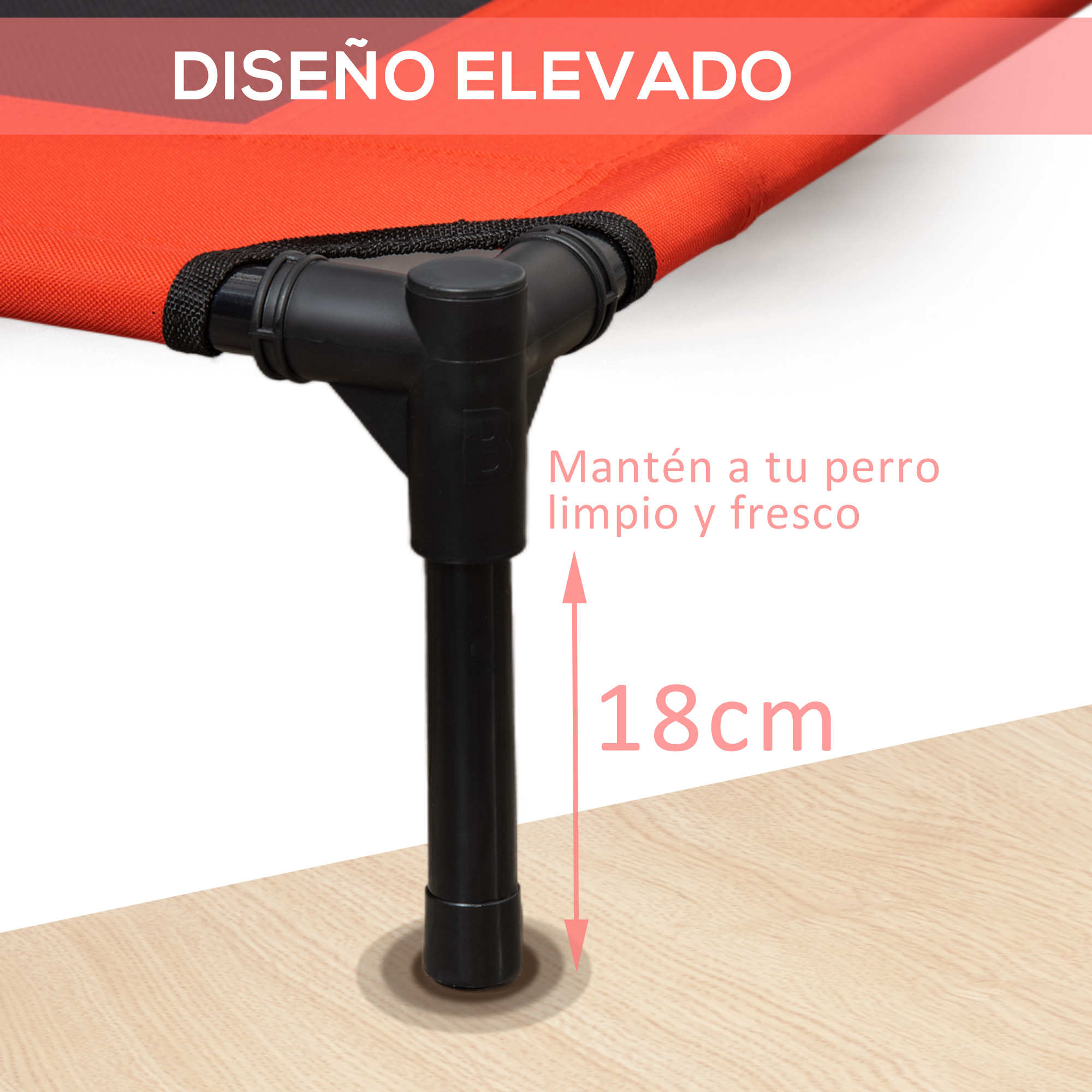 Cama elevada para perros con tela roja y patas negras. Texto: Mantén a tu perro limpio y fresco. Las patas miden 18 cm de alto.