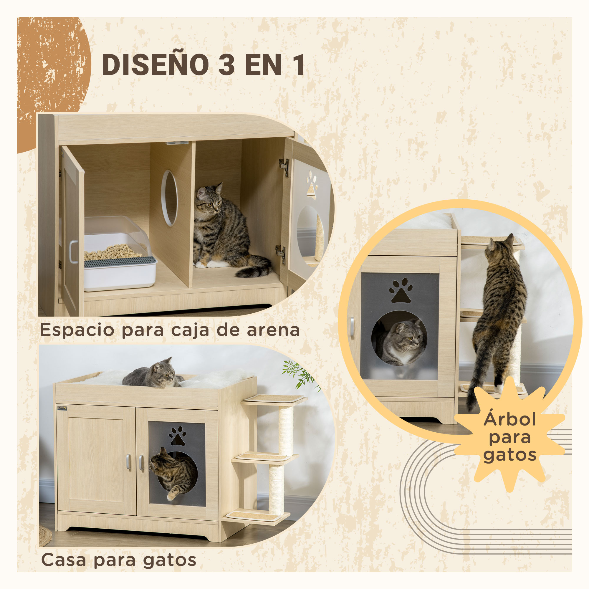 Un mueble para gatos 3 en 1: casa para gatos, espacio para arenero y un árbol para gatos.