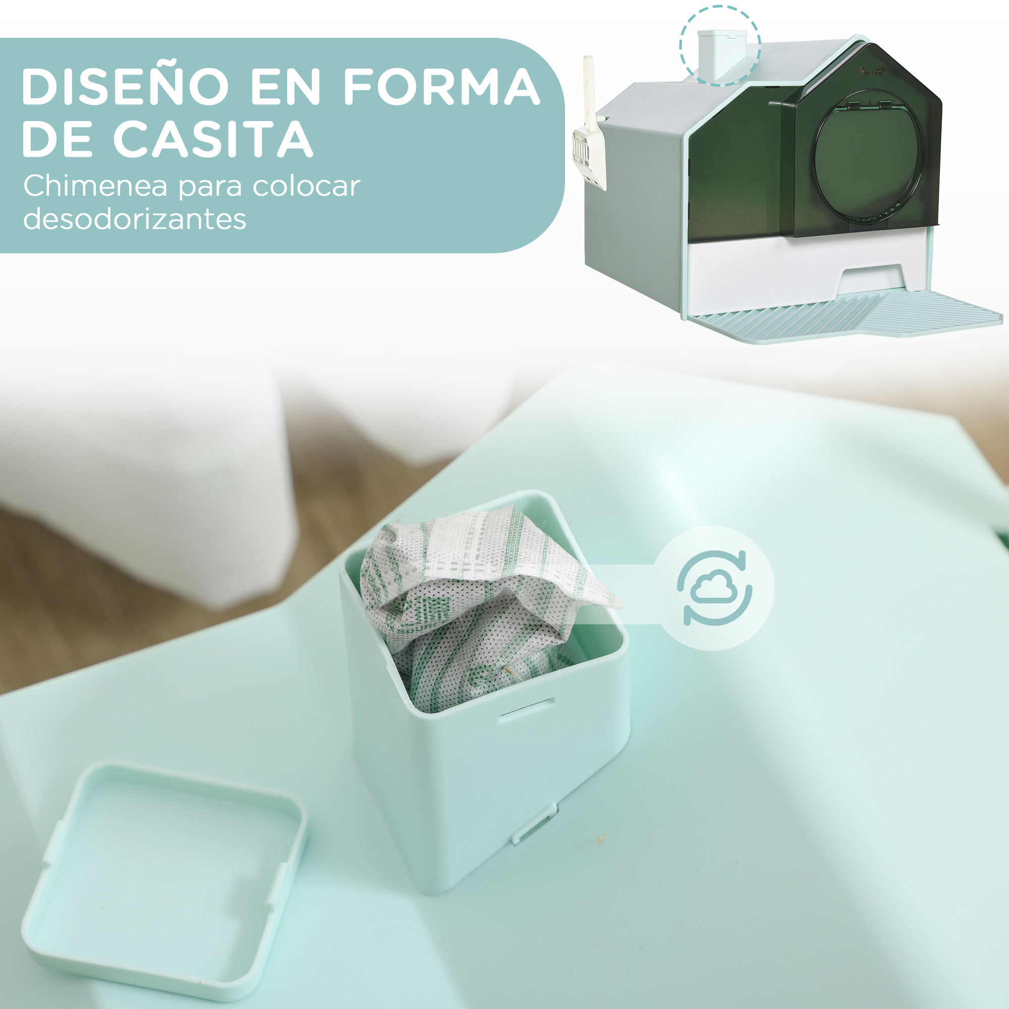 Una caja de arena para gatos con forma de casa y chimenea. Un pequeño recipiente cuadrado en la parte superior.