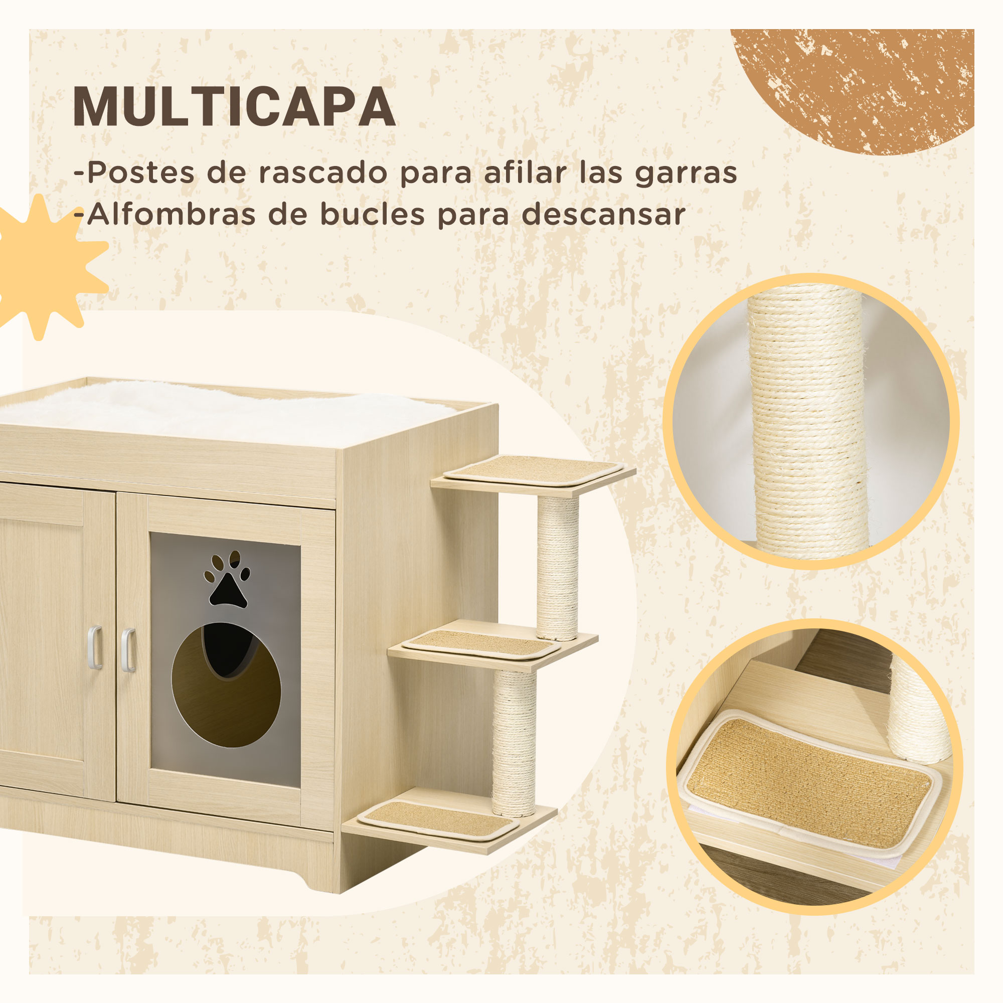 Mueble para gatos multicapa con postes rascadores, escalones y compartimento cerrado con recorte de pata.