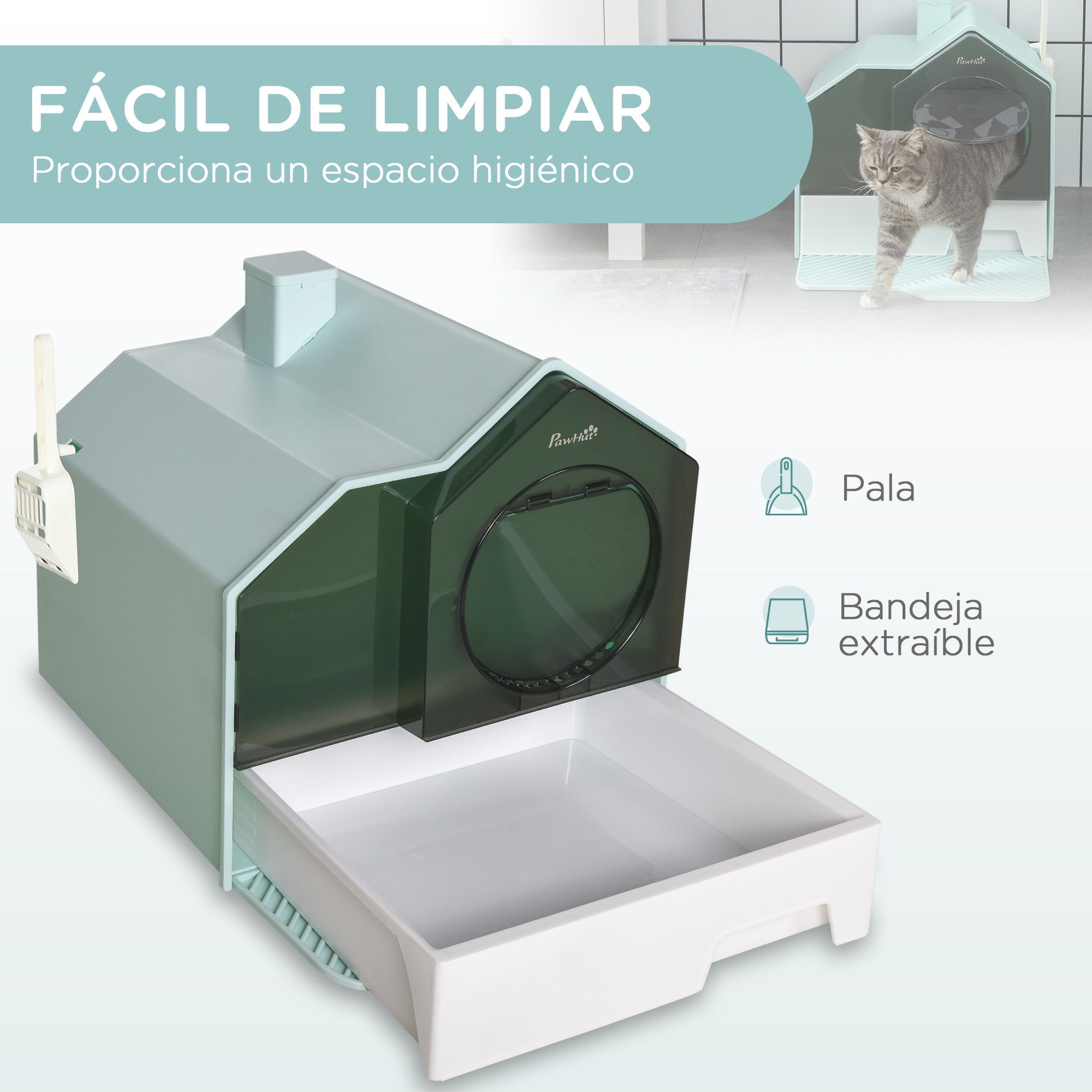 Una caja de arena para gatos verde menta con una bandeja extraíble. Hay un gato al lado de la caja.