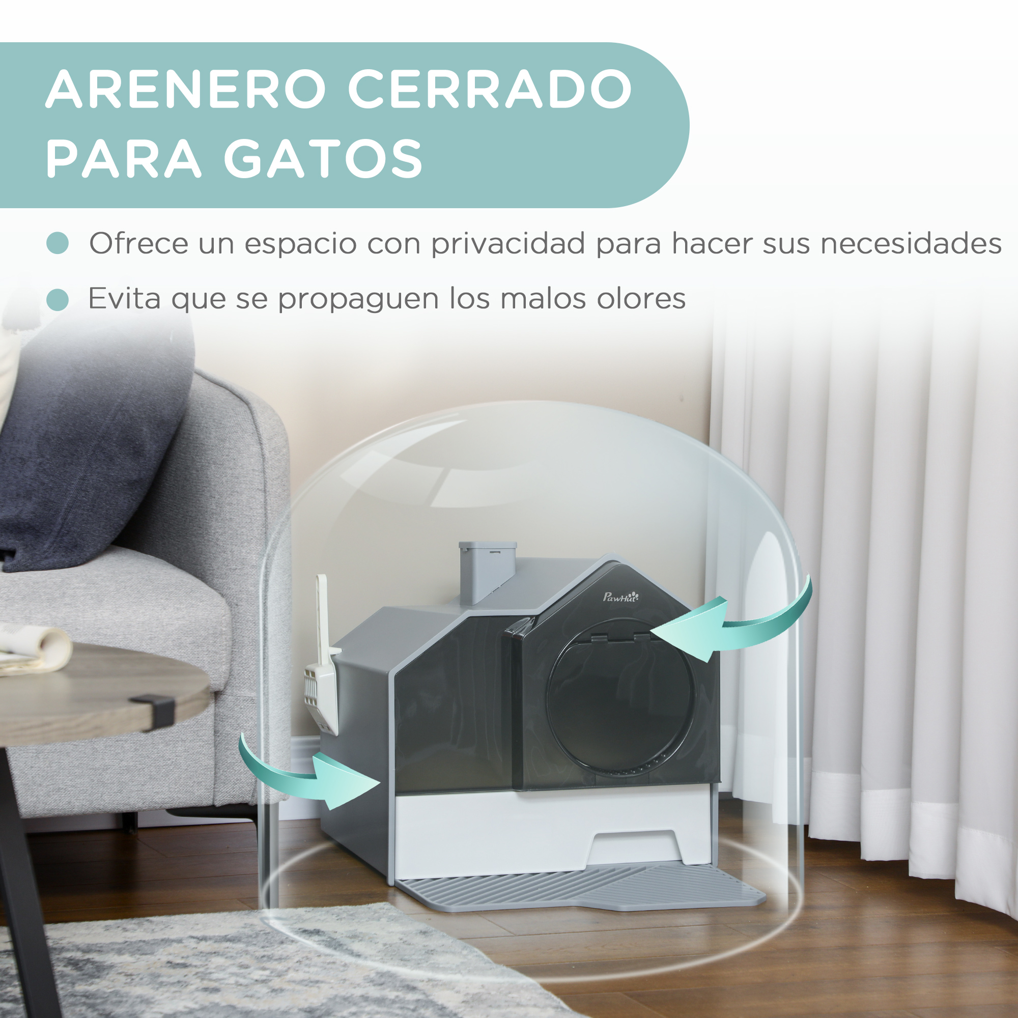 Arenero cerrado para gatos con características de privacidad y un diagrama que muestra cómo evita el olor.