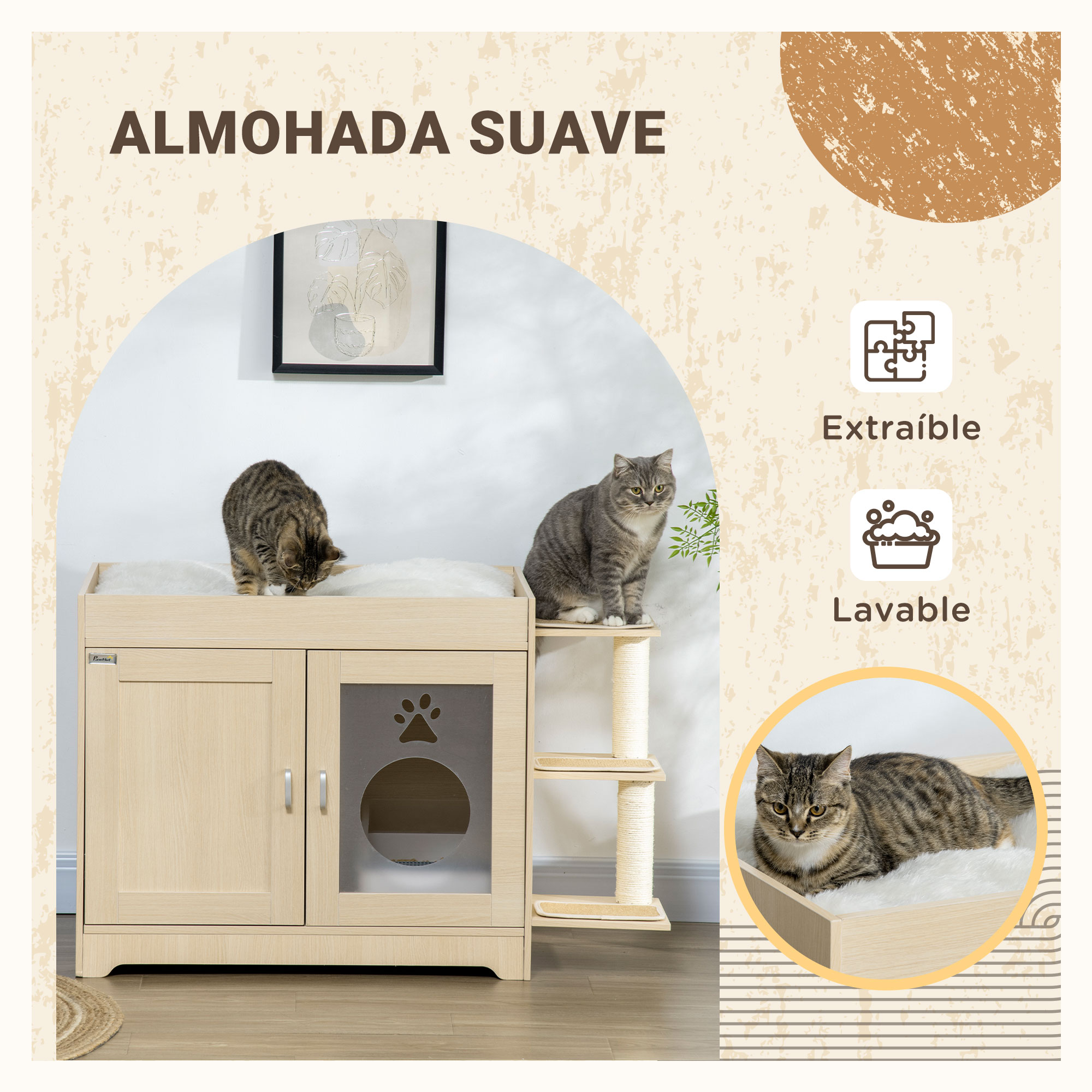 Muebles para gatos con arenero, gato y rascador. Los muebles son de madera clara.