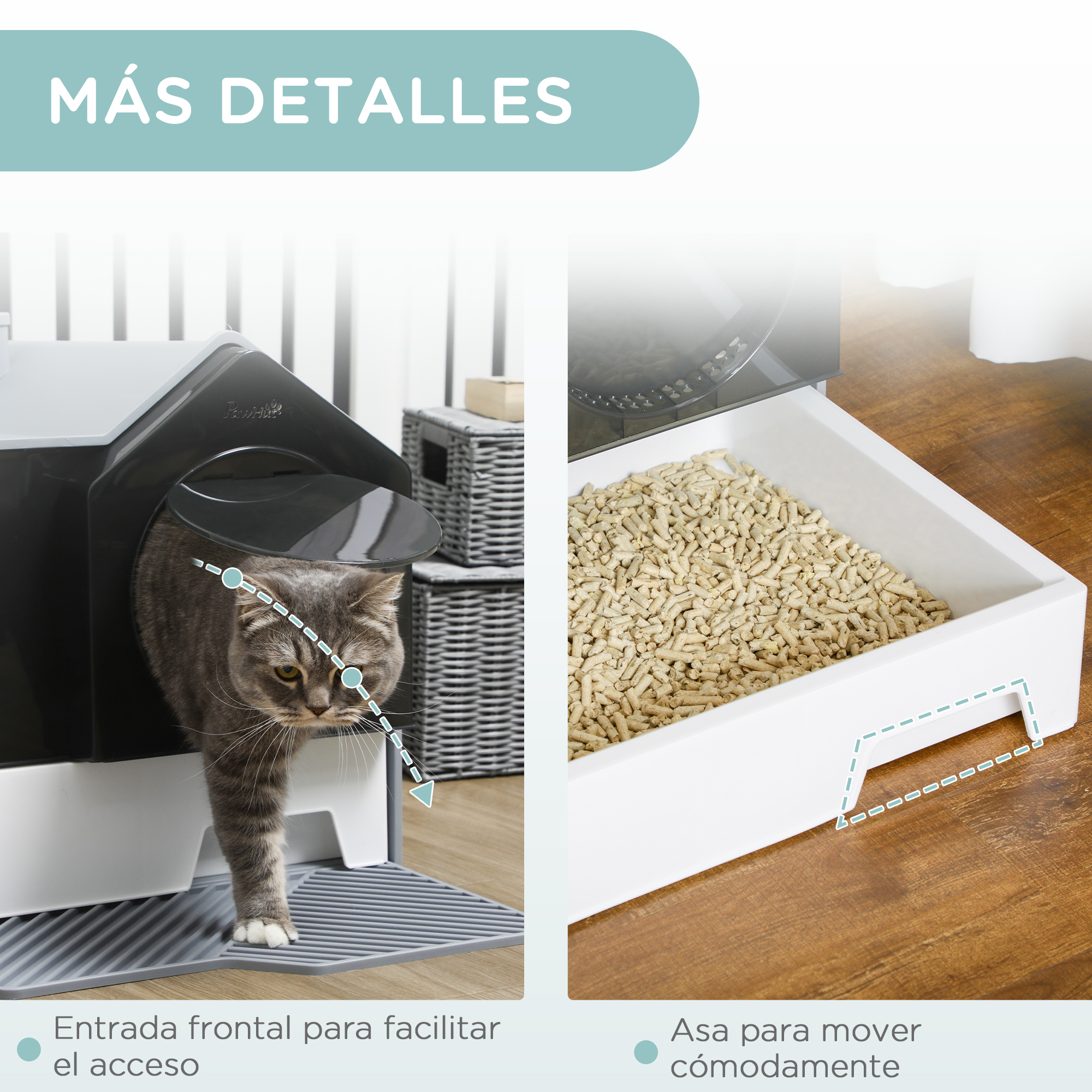 Diagrama que muestra un gato entrando en una caja de arena con detalles. Incluye una entrada frontal y un asa para moverla.