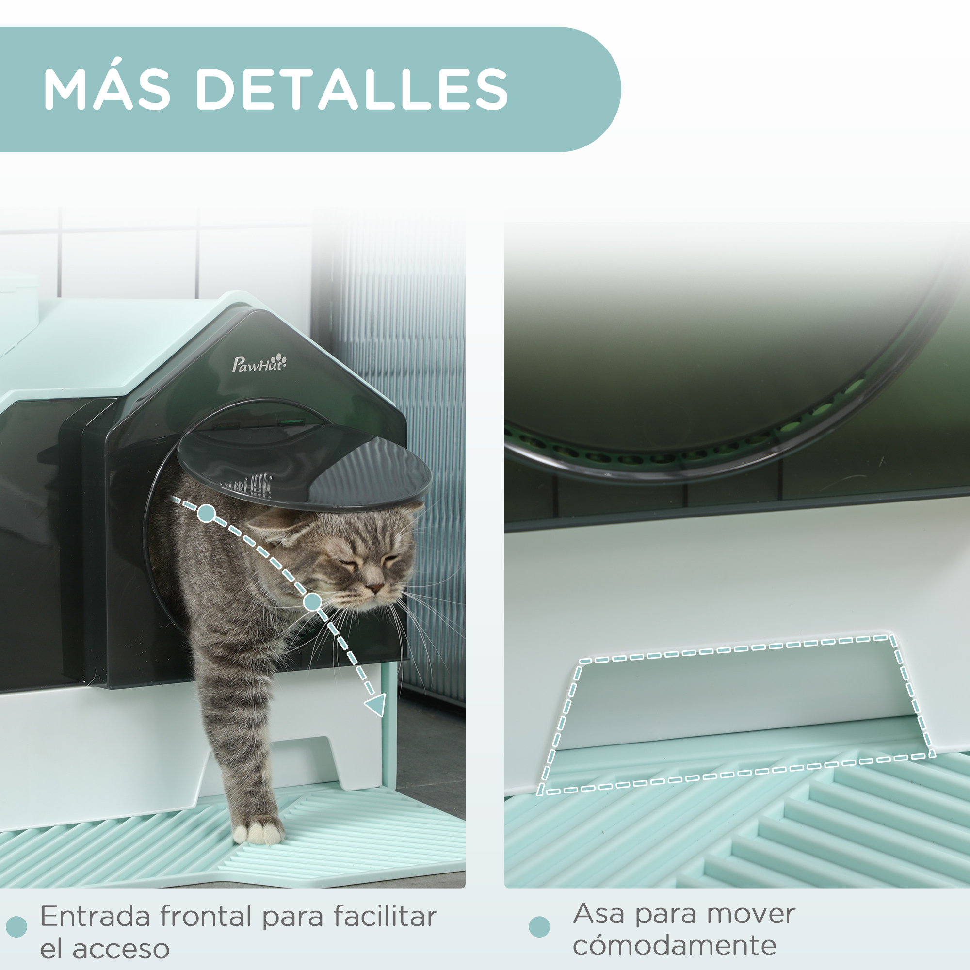 Un gato entrando en una caja de arena negra y menta, con detalles del diseño.