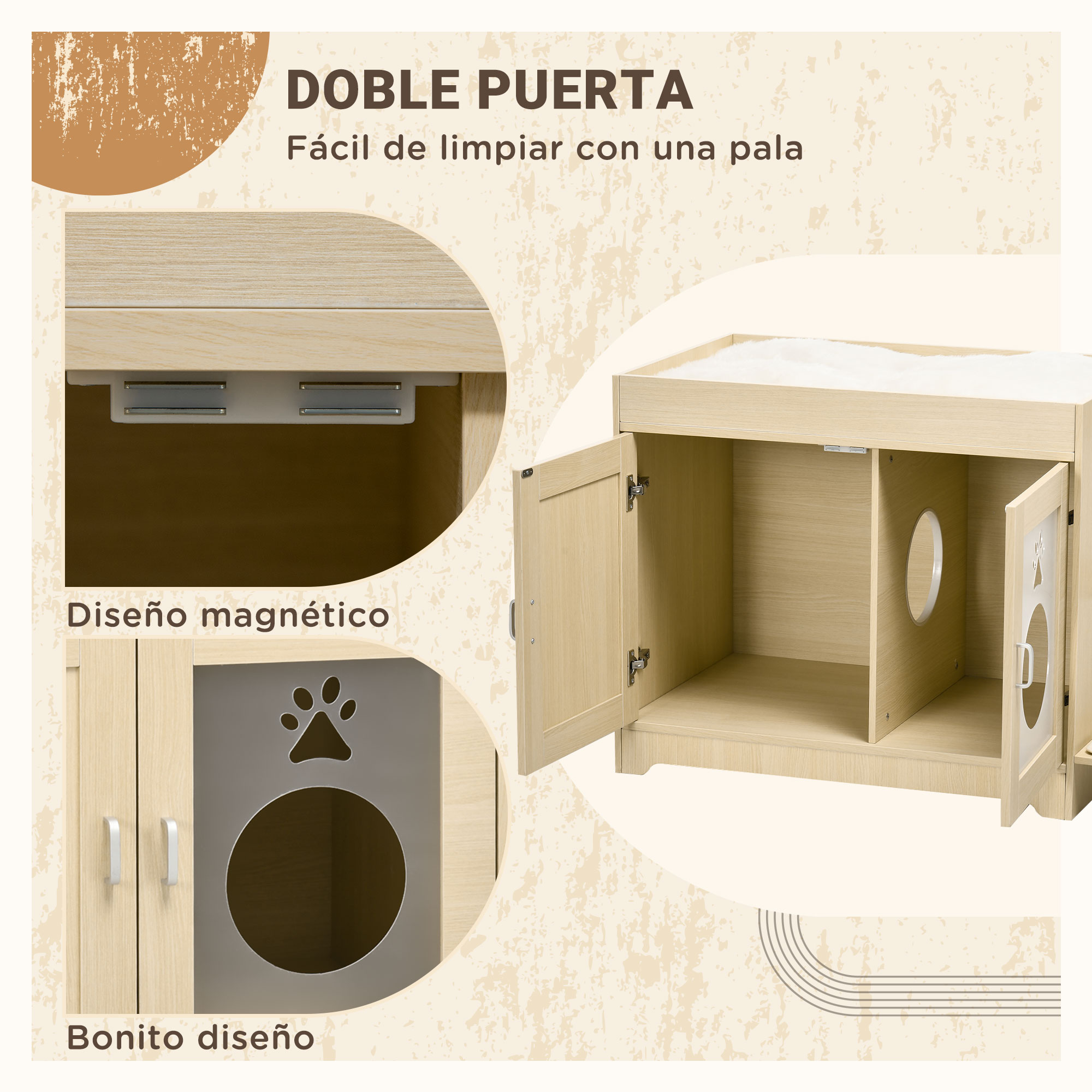 Una casa para mascotas con puertas dobles y diseño magnético, con diseño de huella y pala de limpieza.