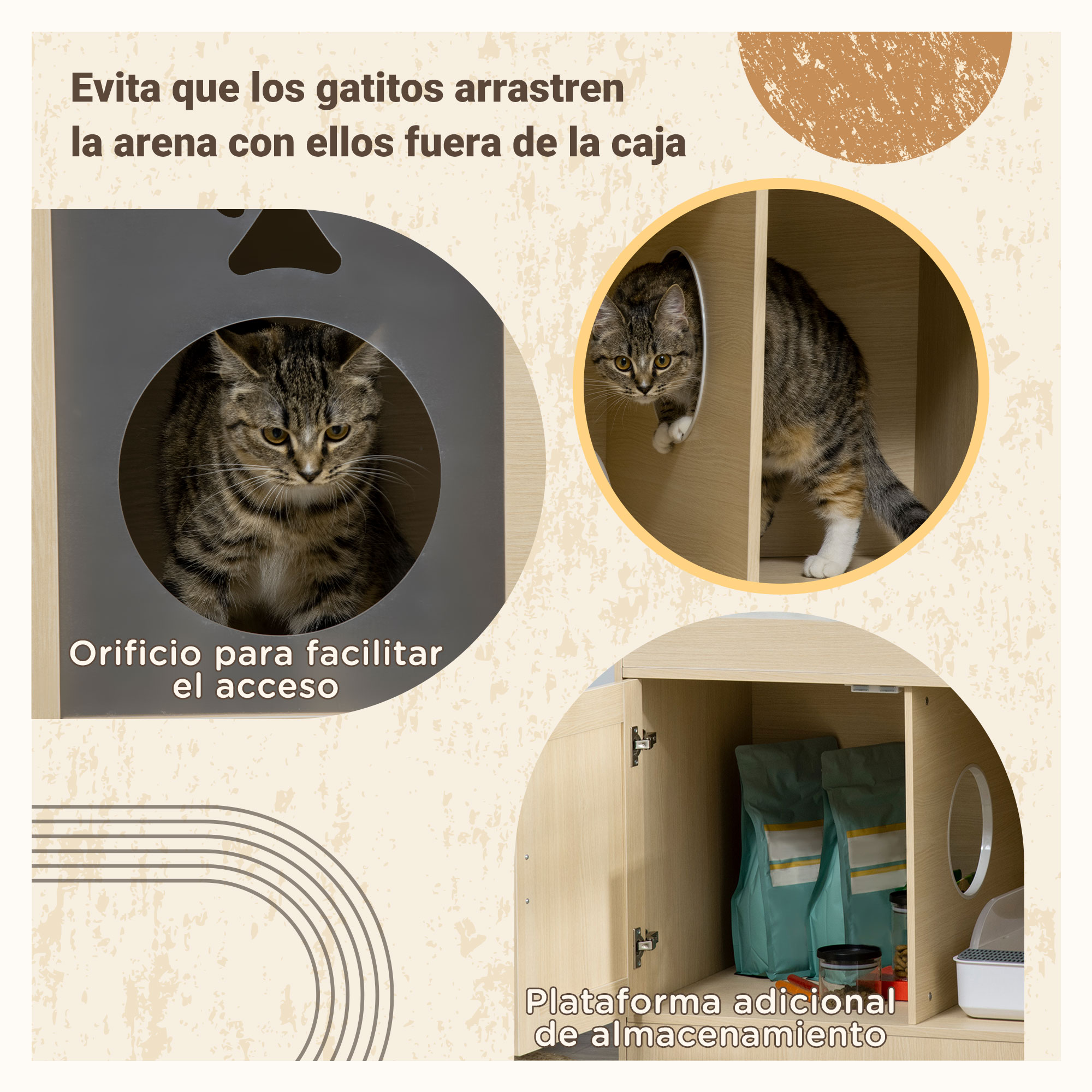 Mueble para arenero para gatos. Contiene dos gatos, dos compartimentos y una caja de arena. Color madera clara.