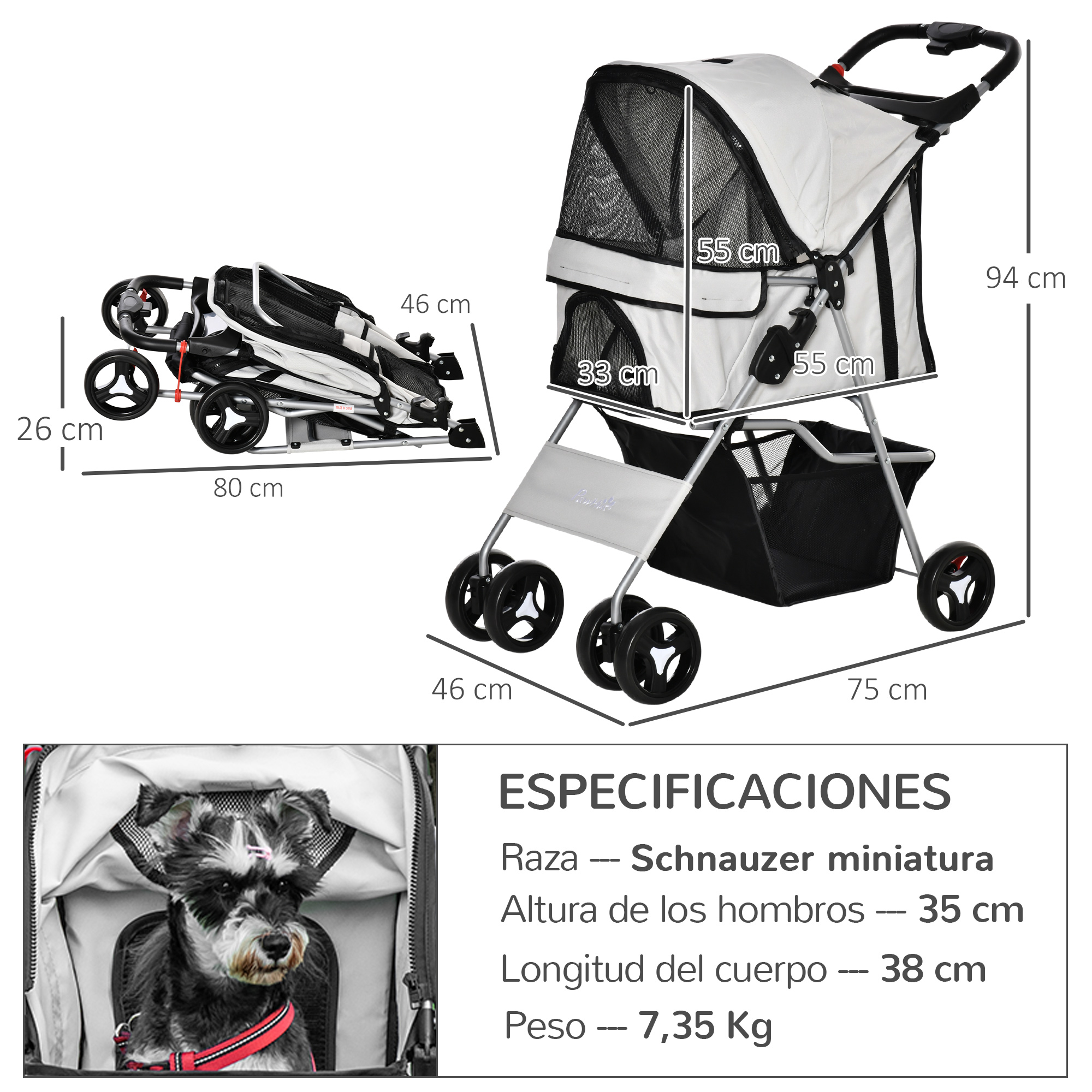 Un cochecito para mascotas con un perro pequeño dentro. Se muestran las dimensiones. El cochecito está plegado al lado.