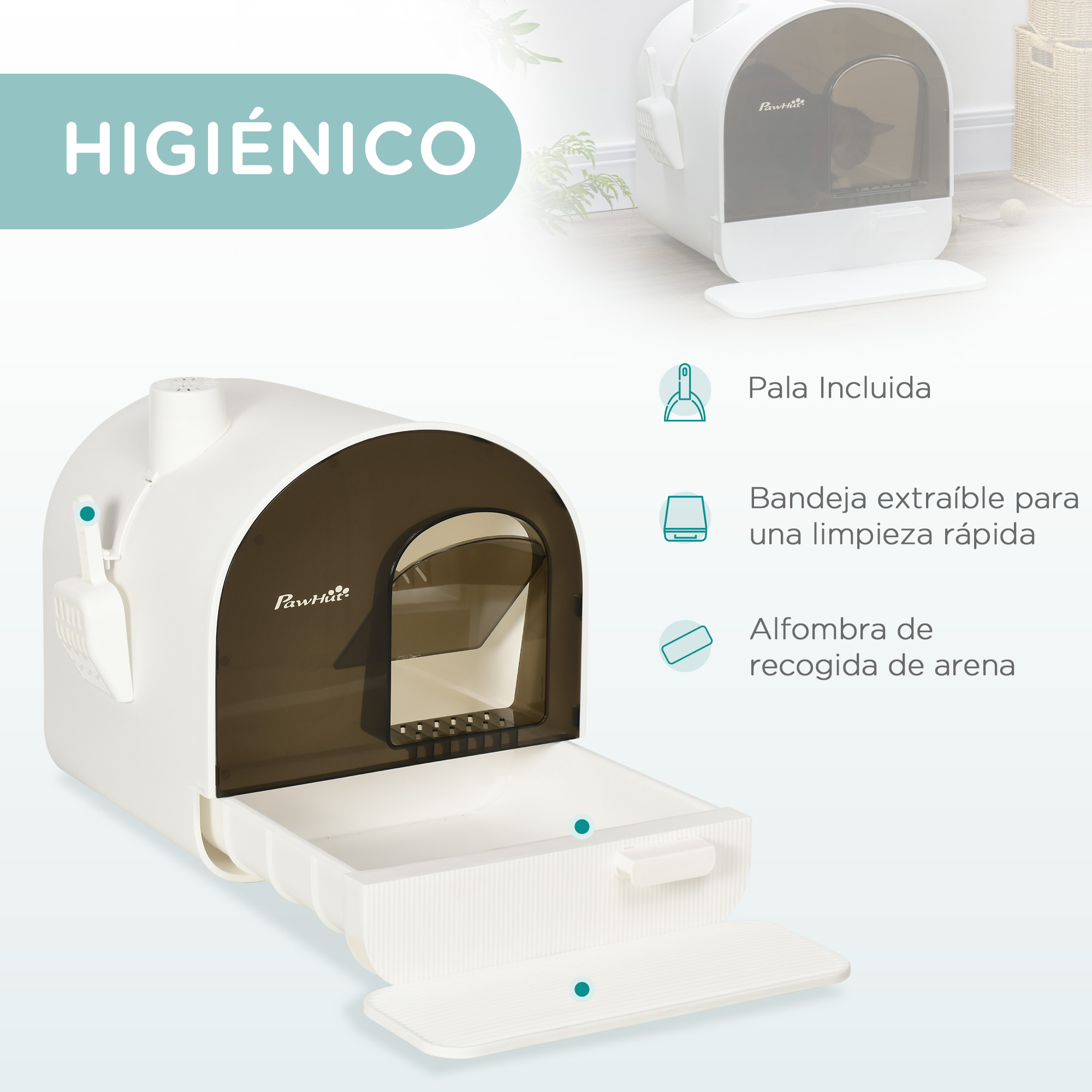 Arenero blanco para gatos con pala y características. Incluye bandeja para limpiar.