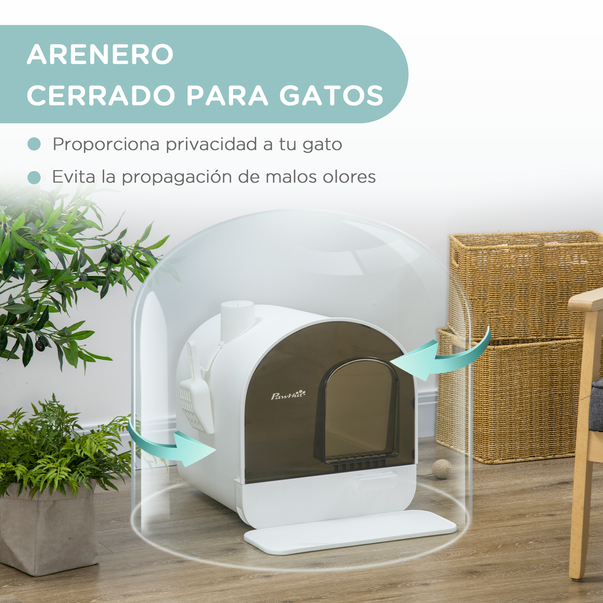 Arenero cerrado para gatos, blanco con puerta negra y pala.