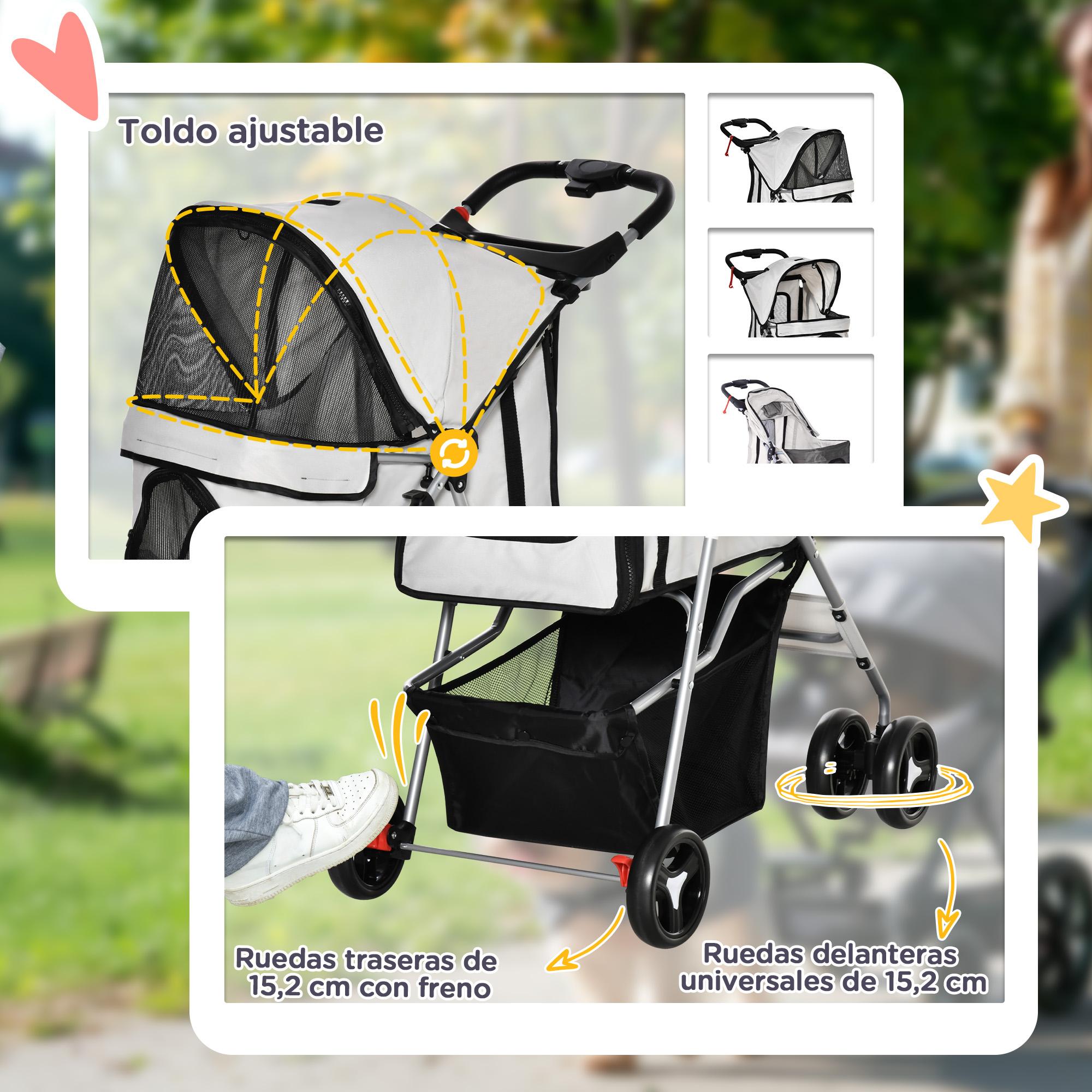 Un cochecito para mascotas con capota ajustable, cesta negra y ruedas de 15,2 cm.