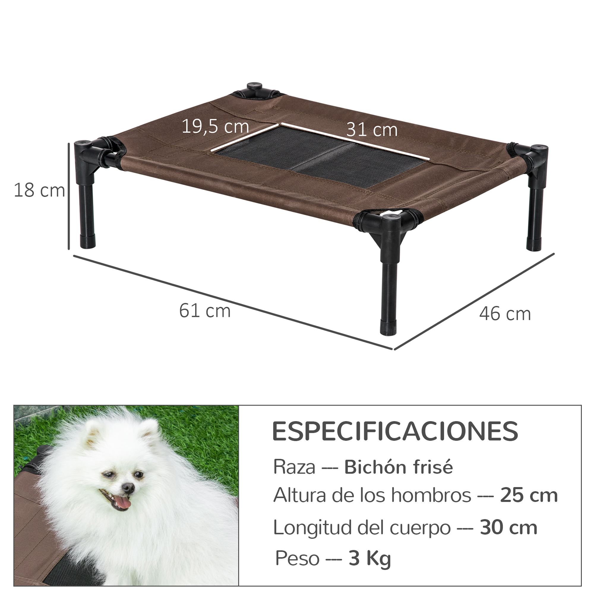 Cama para perros marrón con patas negras, un perro blanco está cerca.
