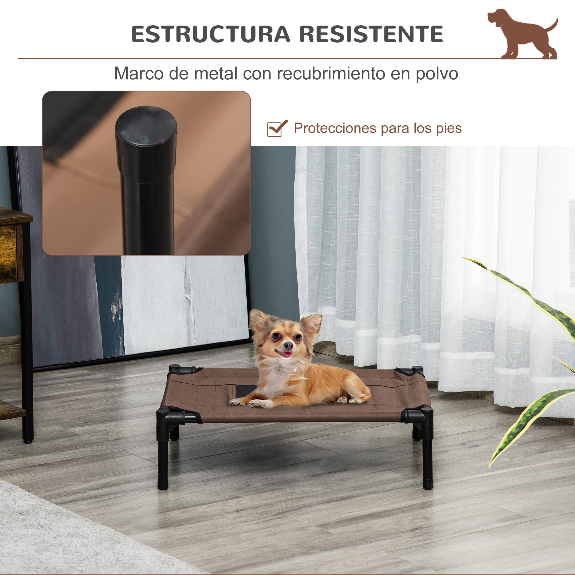 Cama para perros con marco de metal y un perro pequeño acostado en ella.