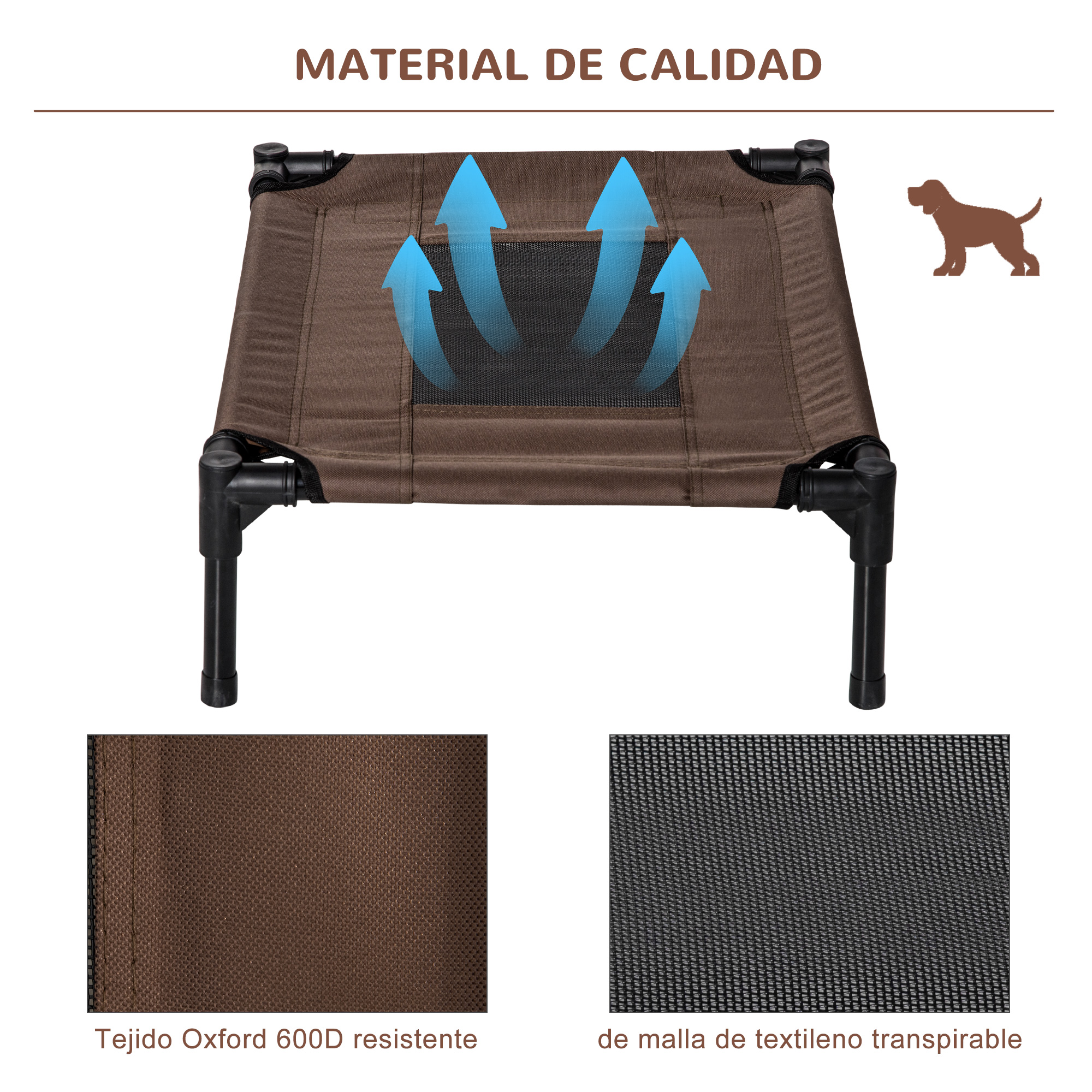 Cama para perros marrón con ventilación. La cama tiene patas negras y una parte superior de malla marrón. Se muestra un icono de perro.