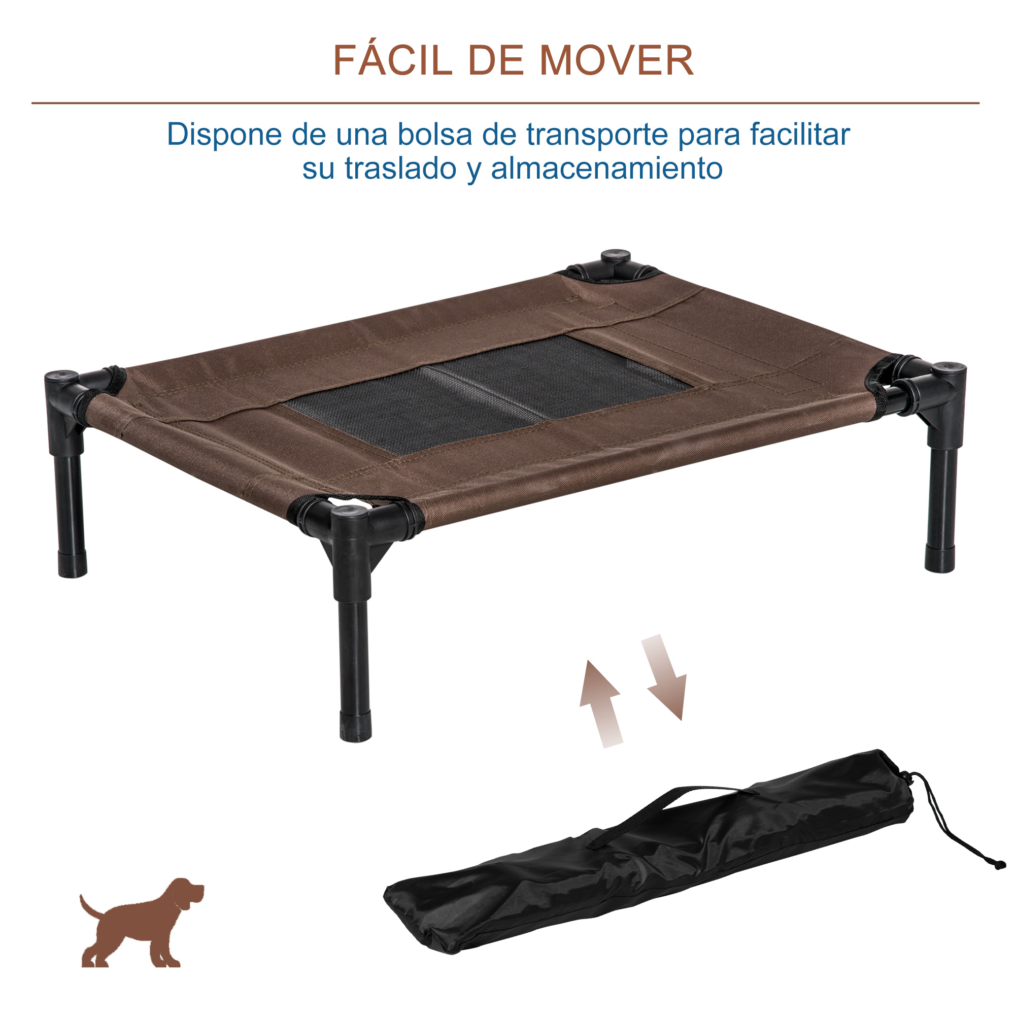 Una cama para mascotas marrón con un centro de malla y una bolsa de transporte negra.