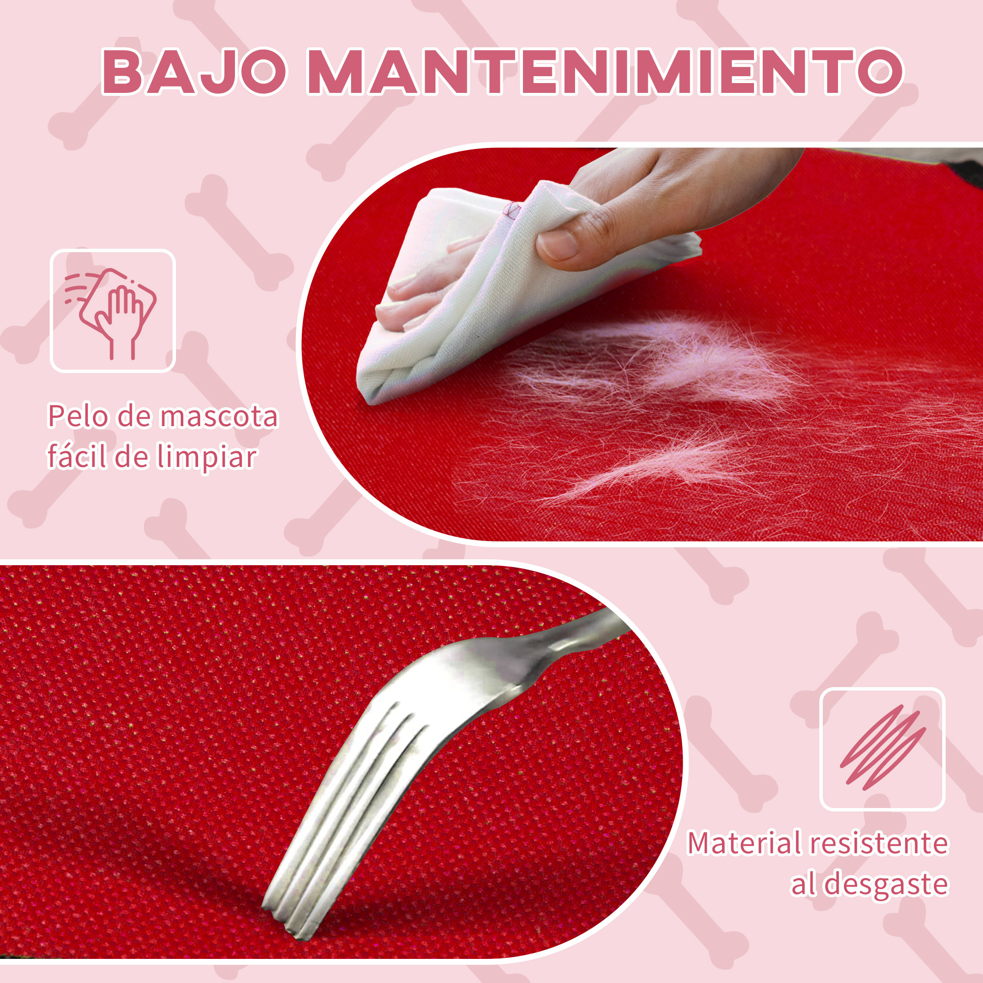 Mano limpiando superficie roja con paño blanco. Texto: "BAJO MANTENIMIENTO". Pelo y tenedor al lado.