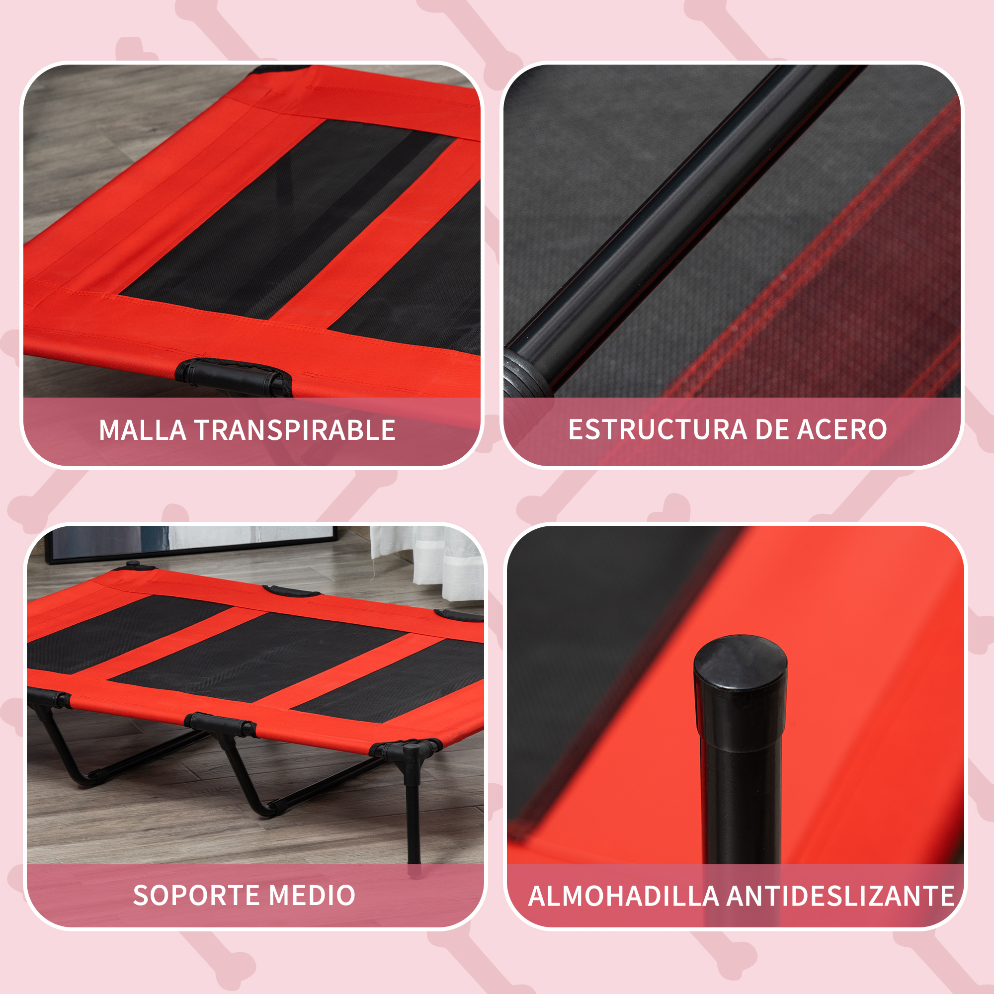 Cuatro imágenes de una cama para perros roja con malla y marco de acero, incluidos detalles del marco y almohadillas antideslizantes.