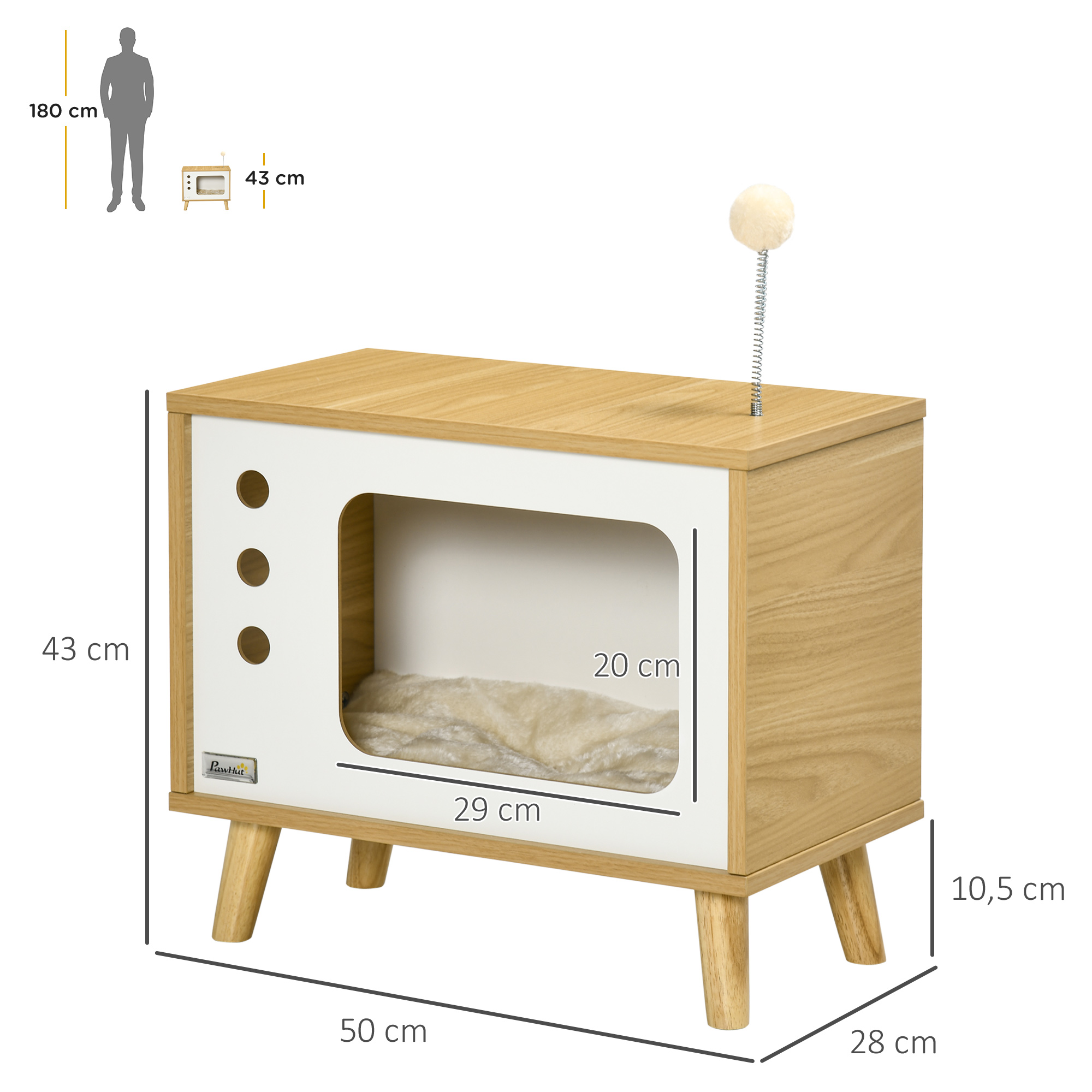 Casa para gatos de madera con dimensiones, frente blanco con abertura y juguete.