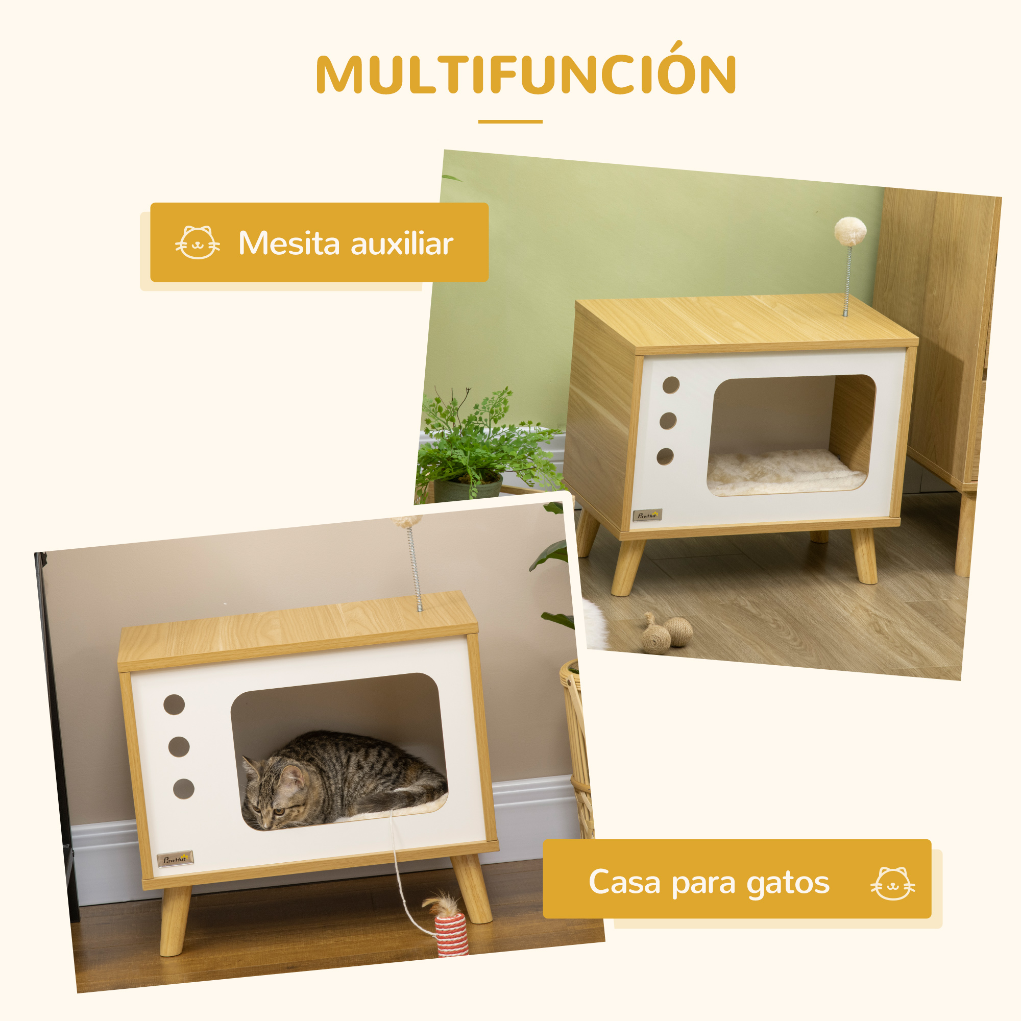 Casa para gatos de madera en forma de TV, con un gato dentro. Fondo con planta y armario de madera.