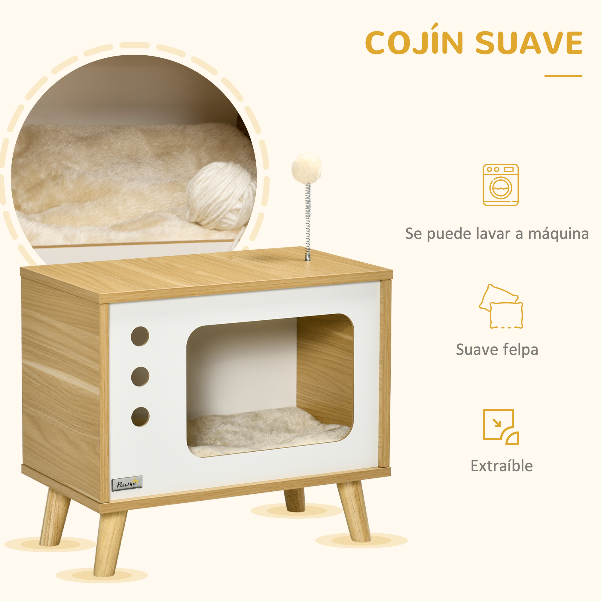 Una cama para mascotas con forma de televisor retro. Tiene un cojín suave dentro y un juguete de bola sobre un resorte. Patas de madera.
