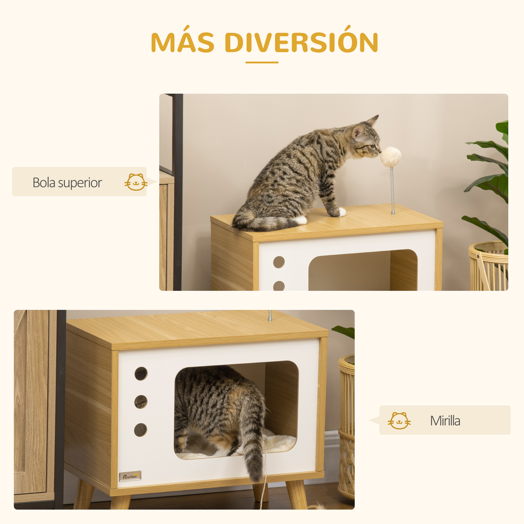 Gato en una casa para gatos. El gato juega con una bola. La casa tiene puerta y detalles blancos.