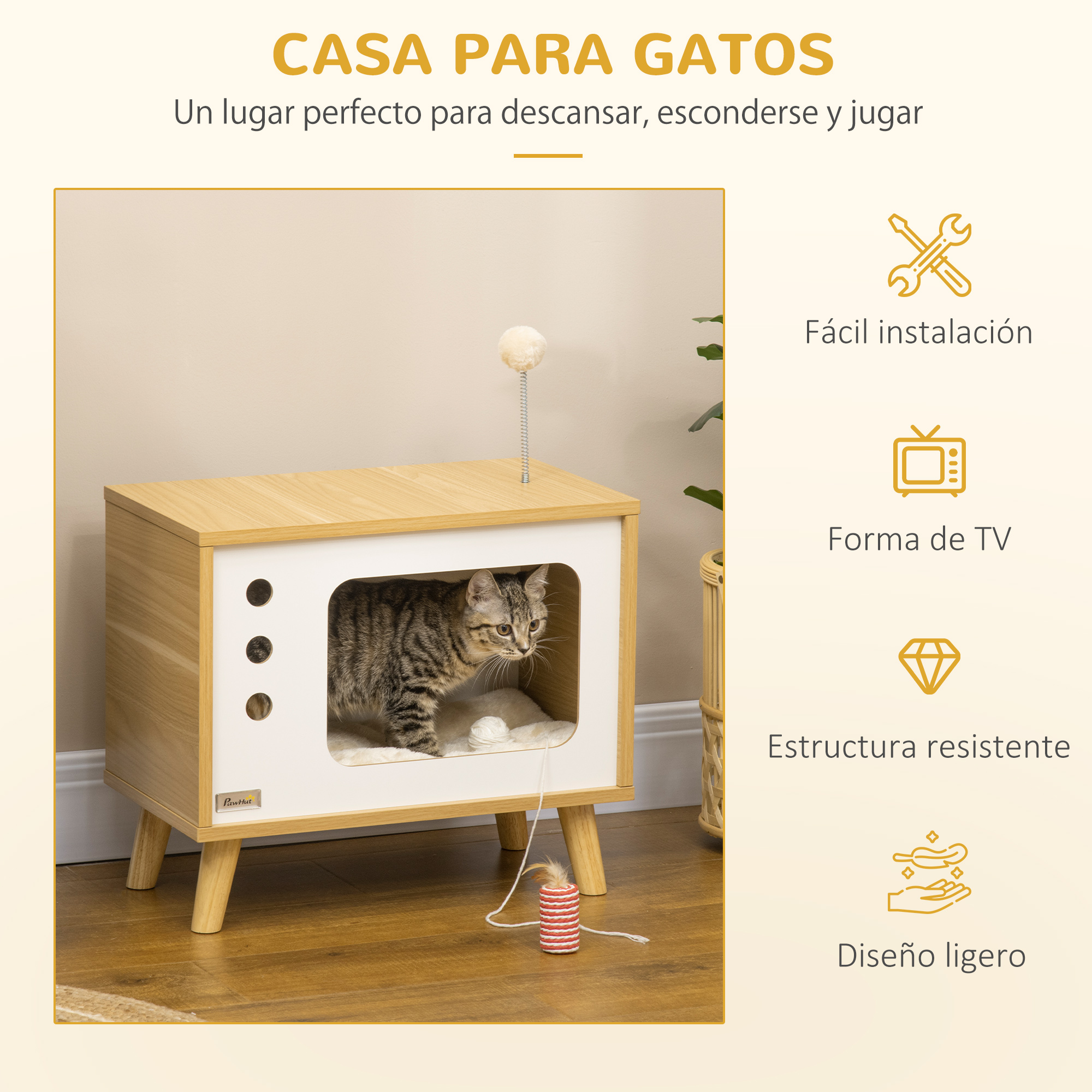Casa para gatos con forma de TV. Un gato está dentro. Texto e iconos a la derecha.