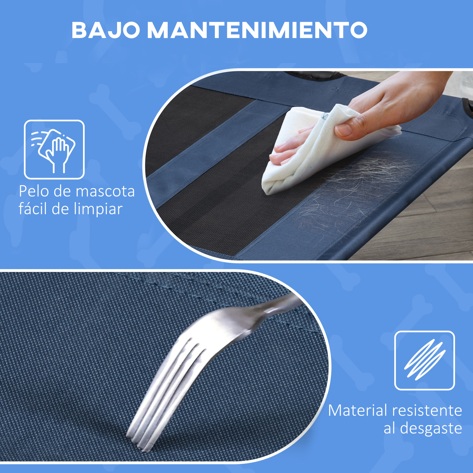 Cama para mascotas, material e instrucciones de limpieza, tenedor.