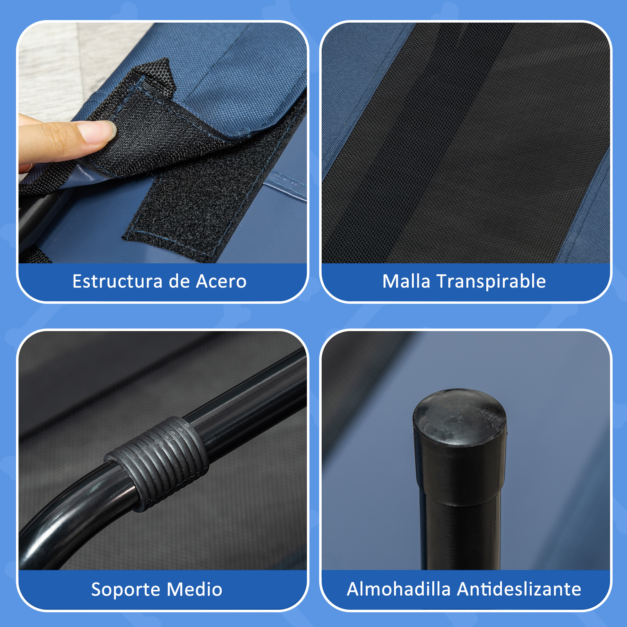 Imágenes de cerca de componentes de productos para mascotas: marco de acero, malla transpirable, barra de soporte y almohadilla antideslizante.