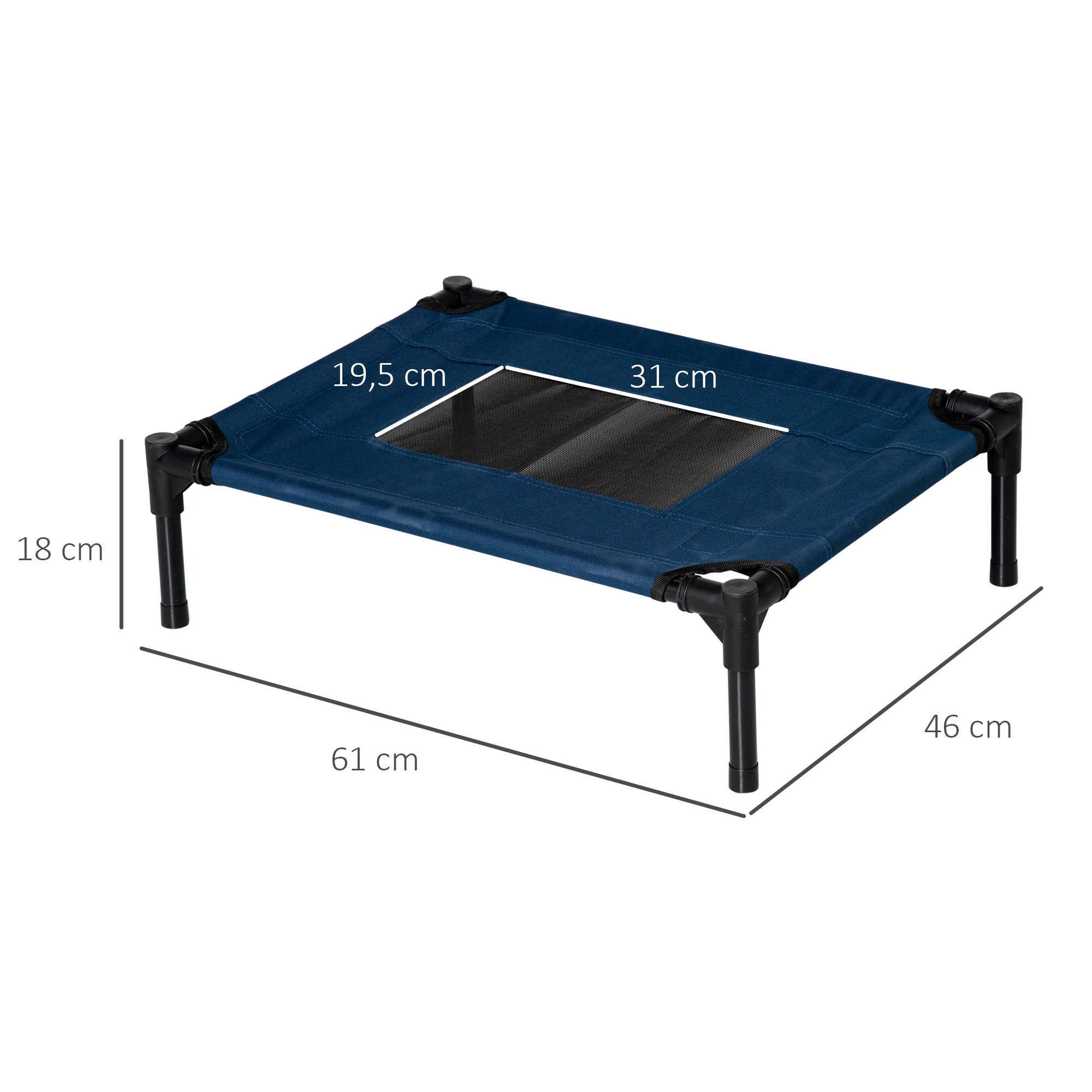 Cama azul para mascotas con patas negras. Dimensiones: 61x46x18cm, con centro de malla de 19.5x31cm.