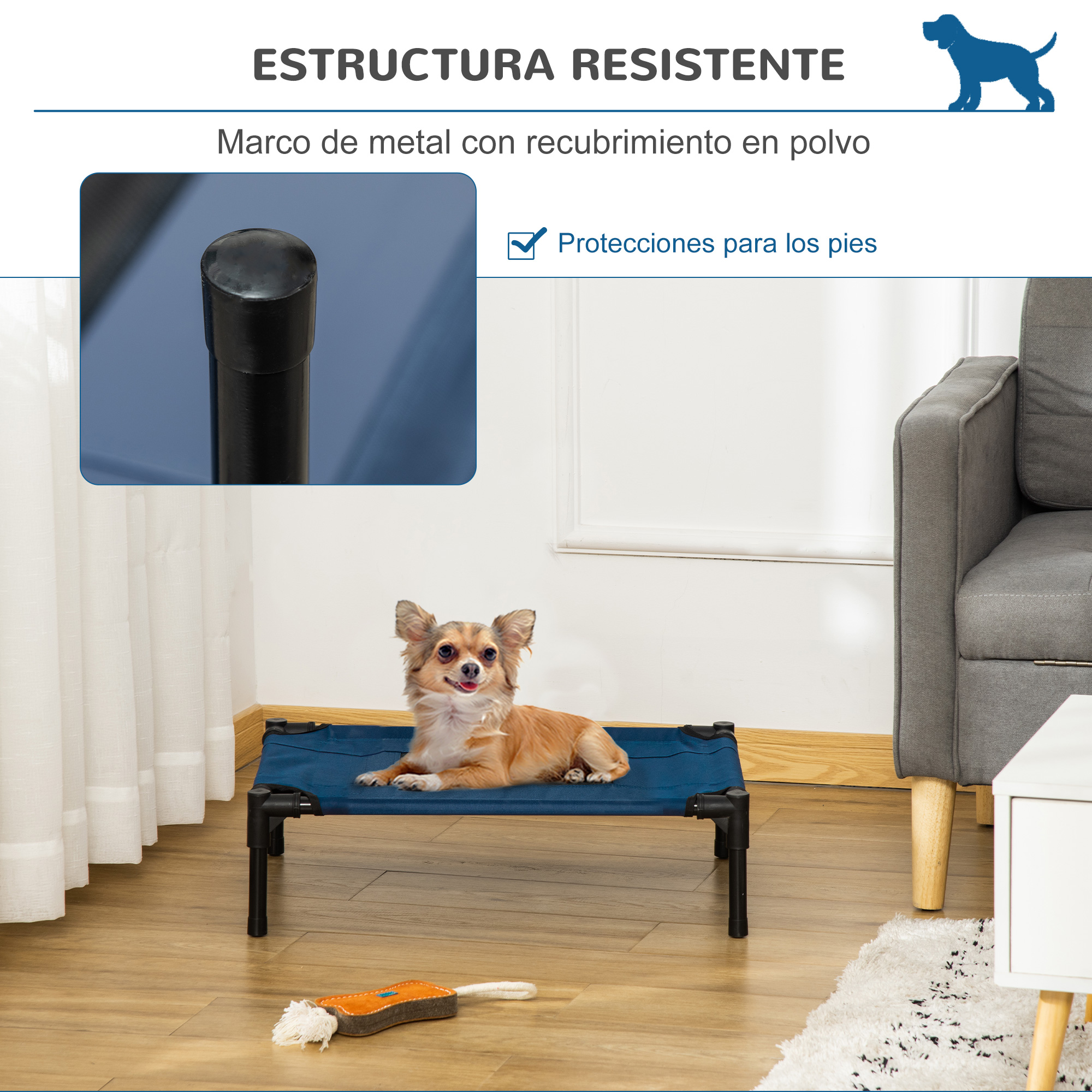 Perro en una cama, detalle de las patas de la cama. Texto: 'Protecciones para los pies'.