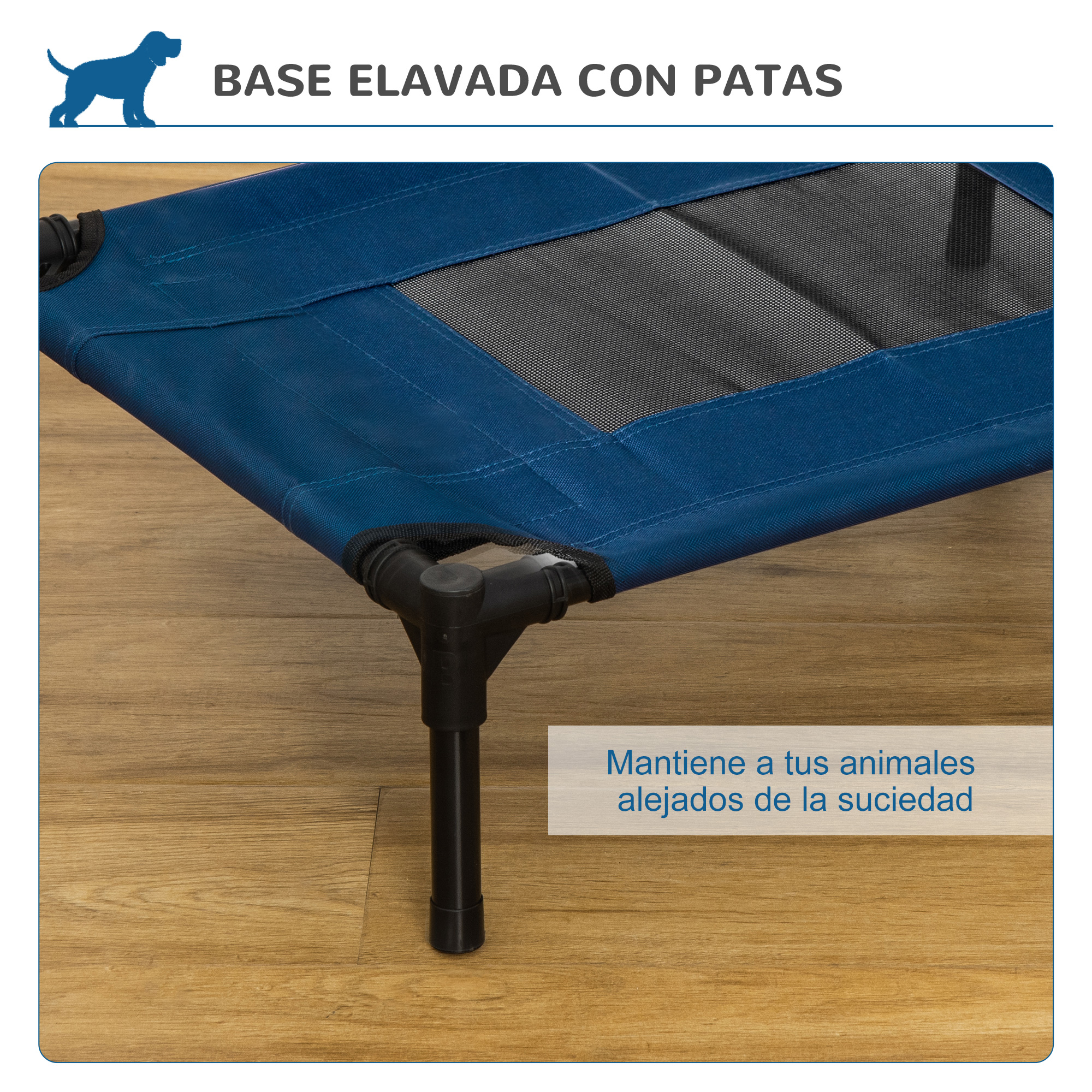 Cama elevada azul para perros con patas negras y texto sobre higiene animal.