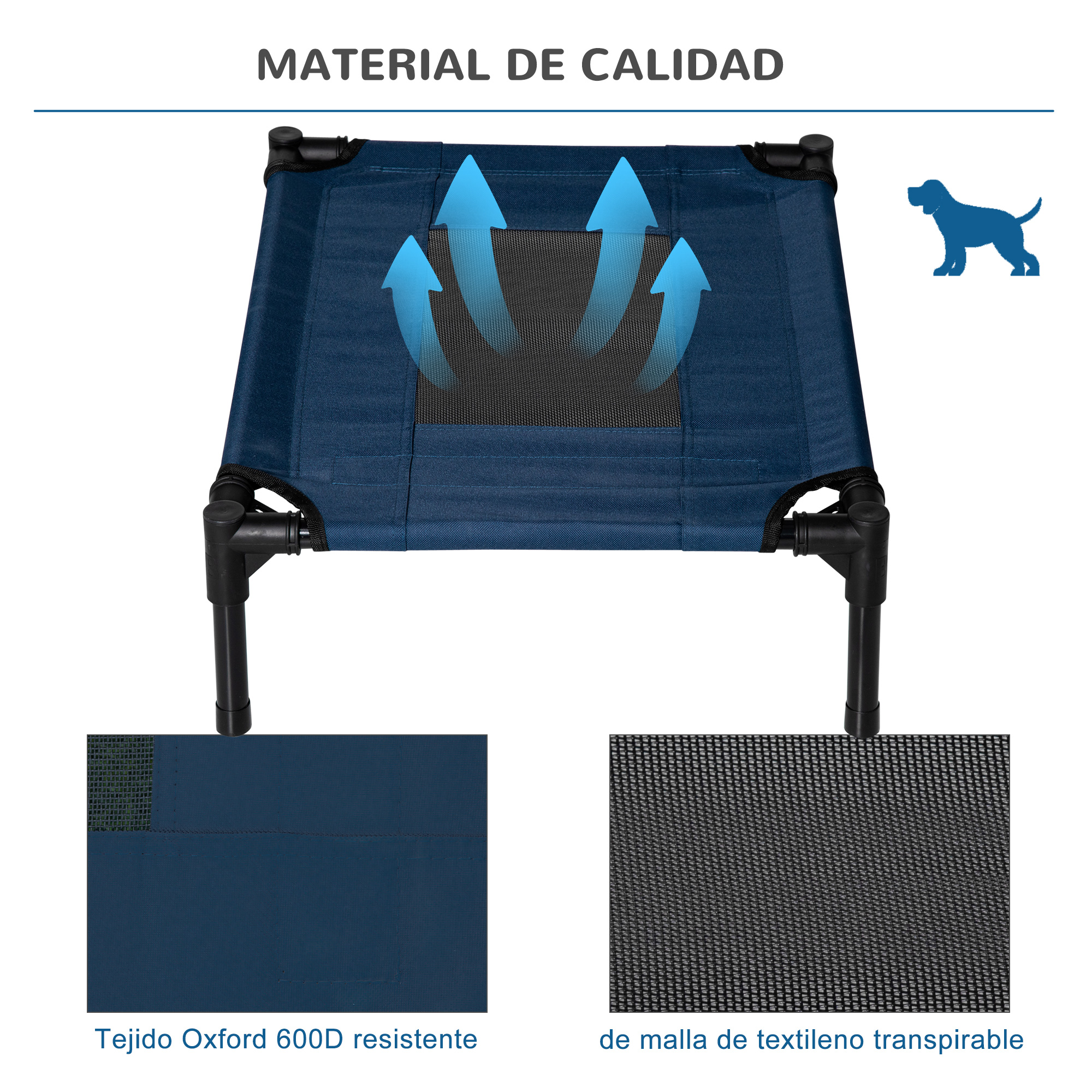 Una cama para perros hecha de material azul con patas negras, mostrando primeros planos de la tela y la malla.