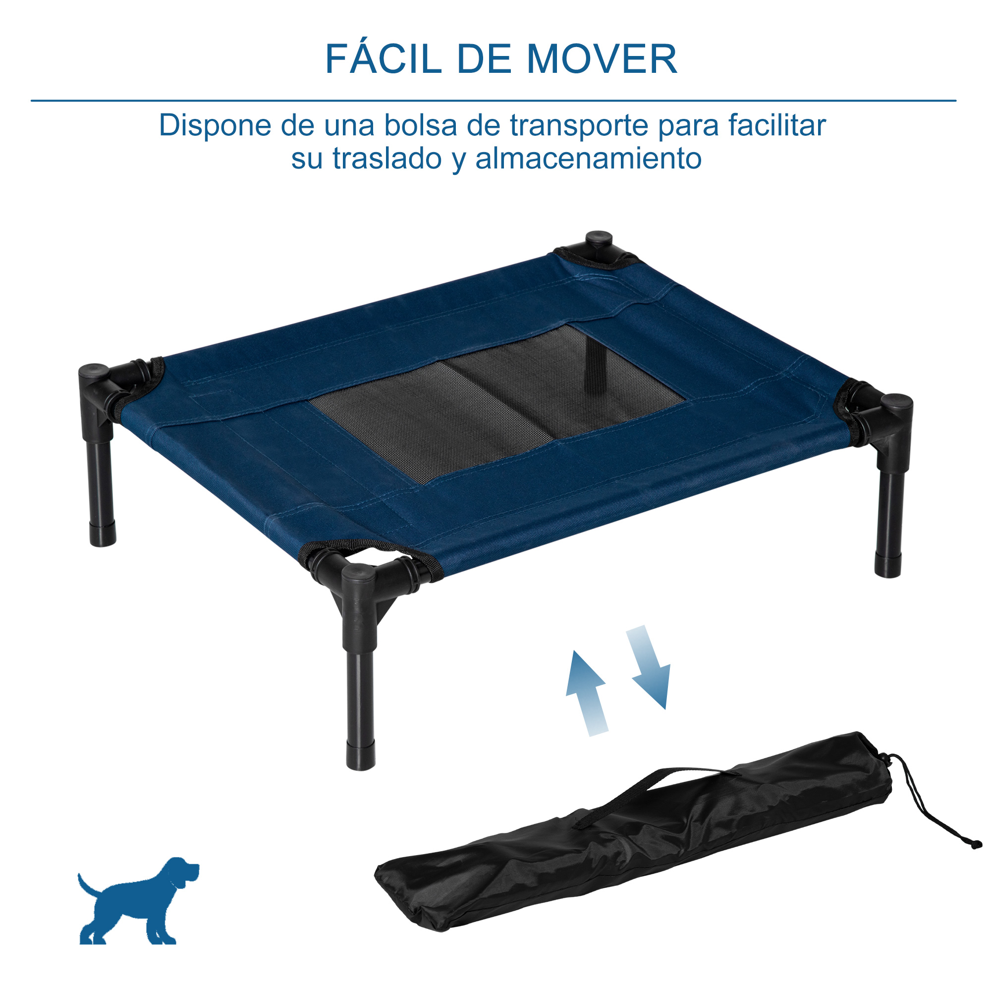 Cama azul para mascotas con marco negro y una bolsa de transporte negra. Flechas indican fácil transporte.