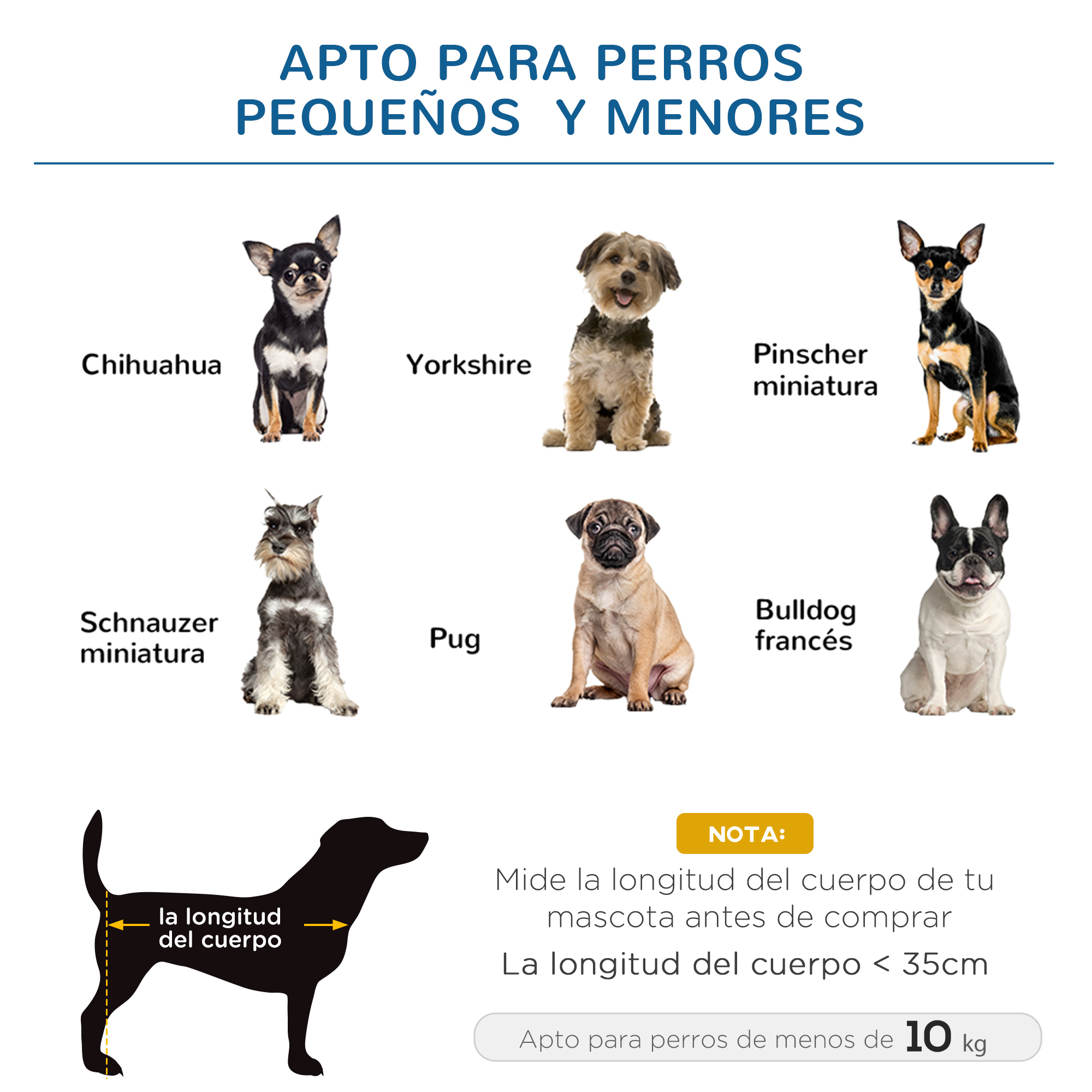 Imagen de perros pequeños, con texto que indica que son aptos para perros pequeños de menos de 10 kg y 35 cm de largo.