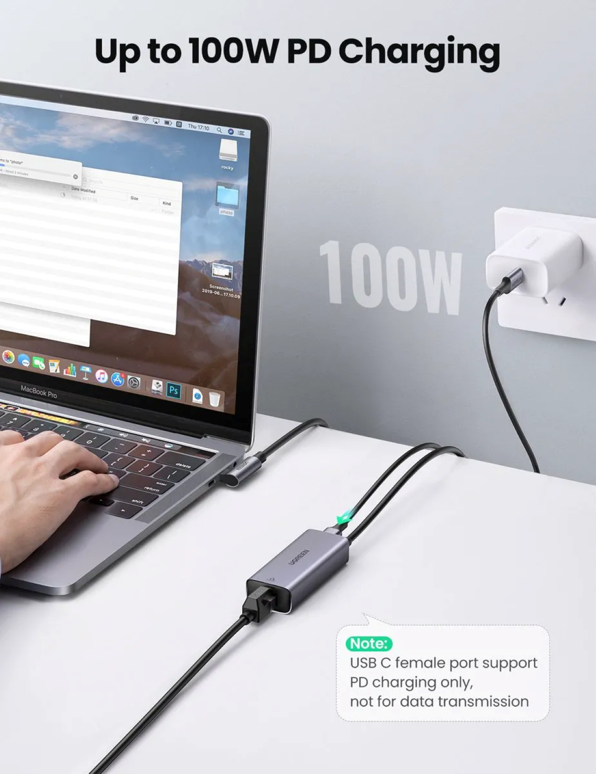 A laptop connected to a USB-C hub with a charging cable. Text says: Up to 100W PD Charging.