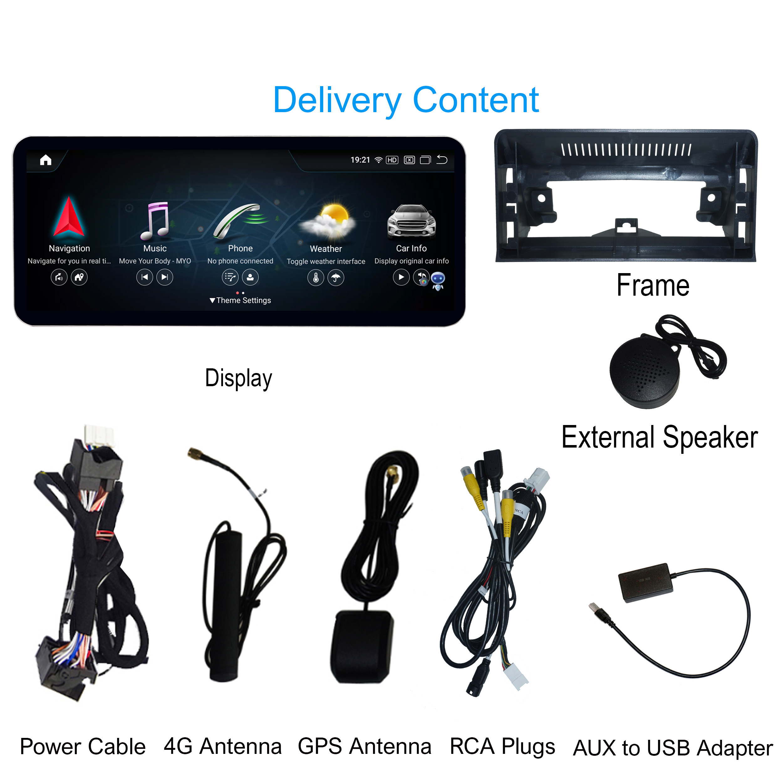Komponenten des Auto-Multimedia-Systems: Display, Rahmen, Antenne, Lautsprecher, Netzkabel, Cinch-Stecker, Adapter.