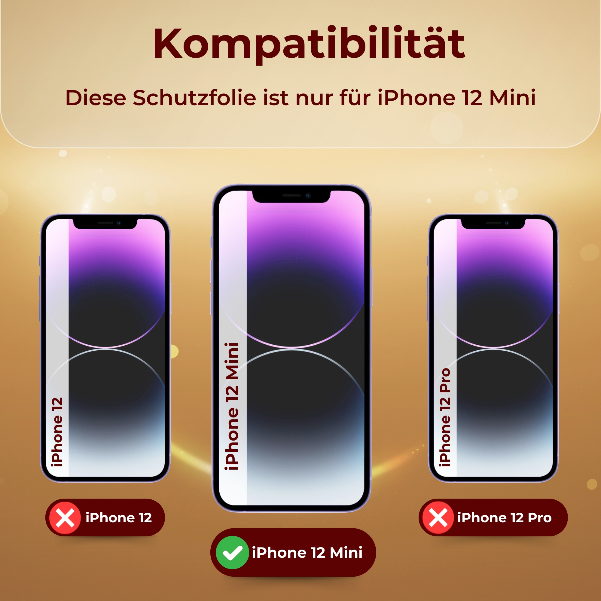 Drei Telefone. Mitte: iPhone 12 Mini, mit Häkchen markiert. Andere: iPhone 12, iPhone 12 Pro, mit X.